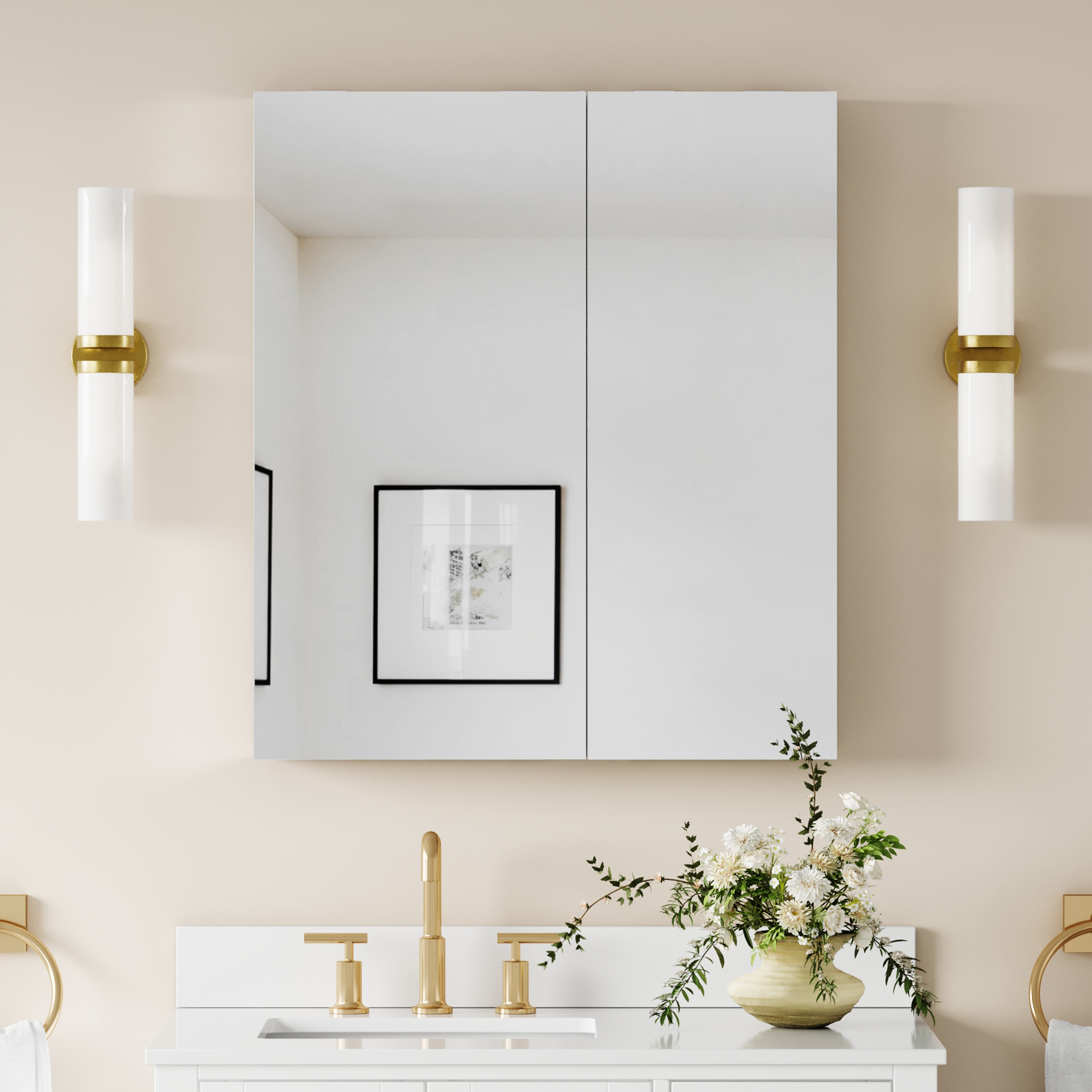 CALVON SA-32 Combination 28-in x 32-in Surface/Recessed Mount Aluminum Mirrored Rectangle Soft Close Medicine Cabinet