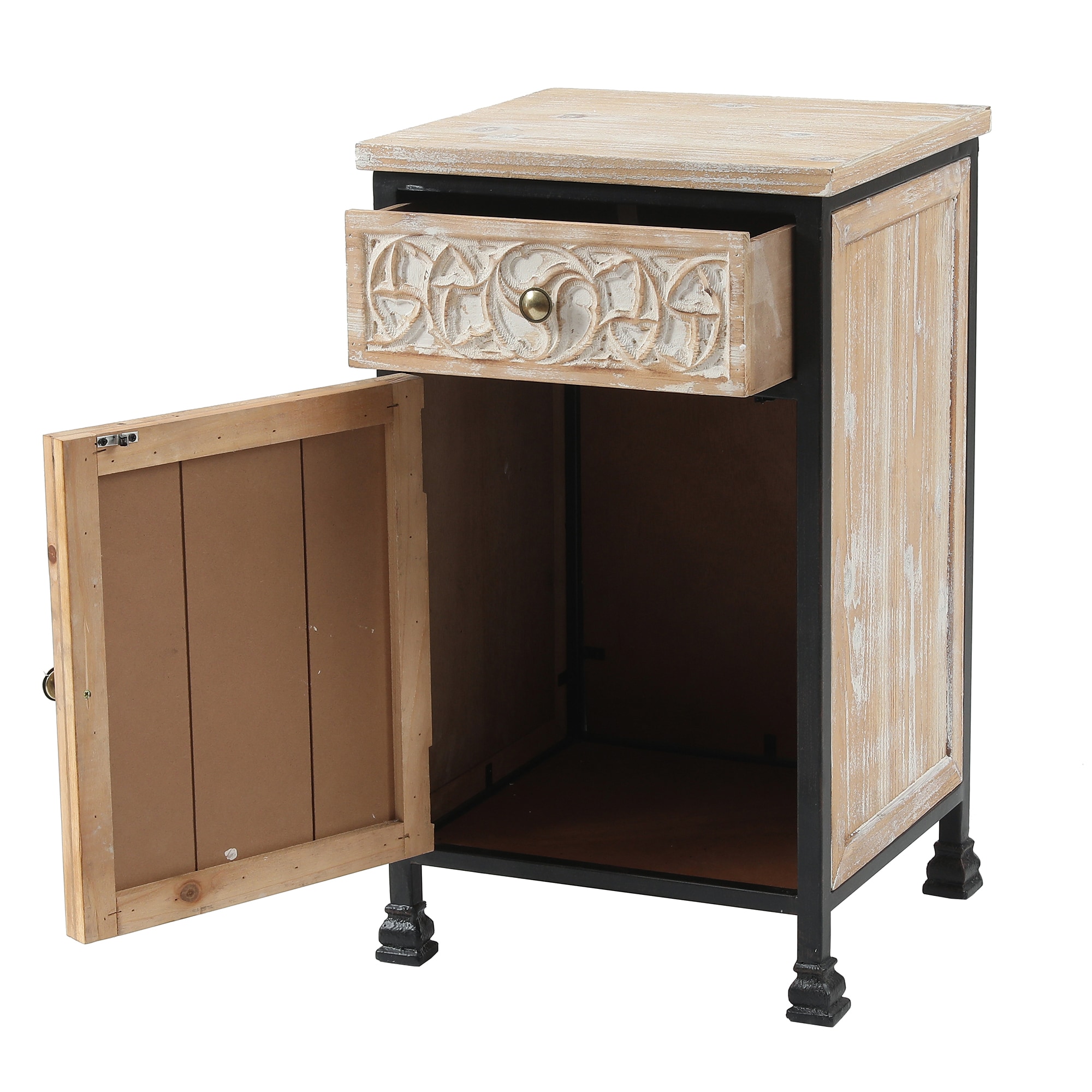 White Fir Wood and Black Iron Bohemian Nightstand with Storage