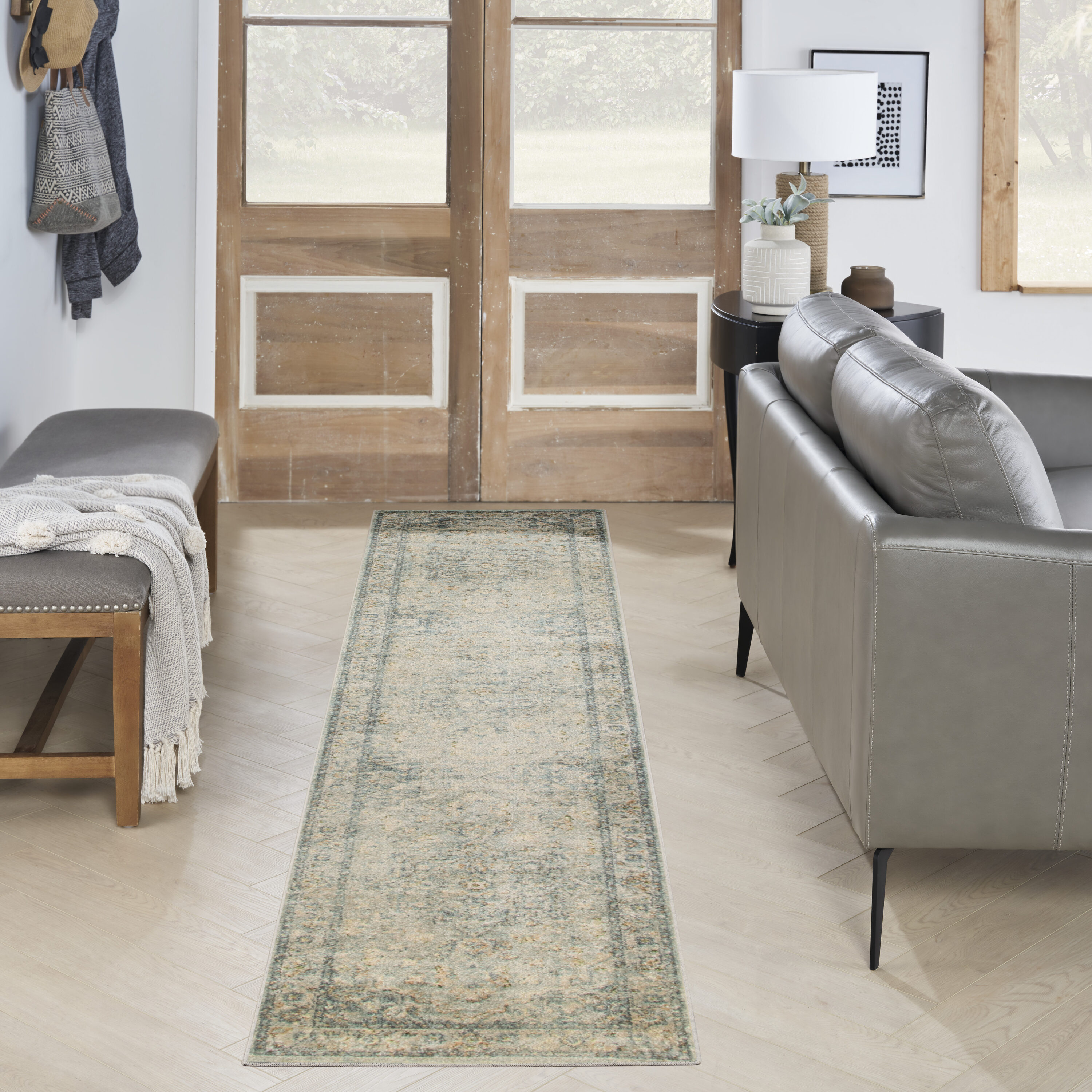 Nourison Home 099446944771 Astra Machine Washable 2 x 10 (ft) Loomed Polyester Light Blue Rectangular Indoor Medallion Vintage Machine washable Runner rug
