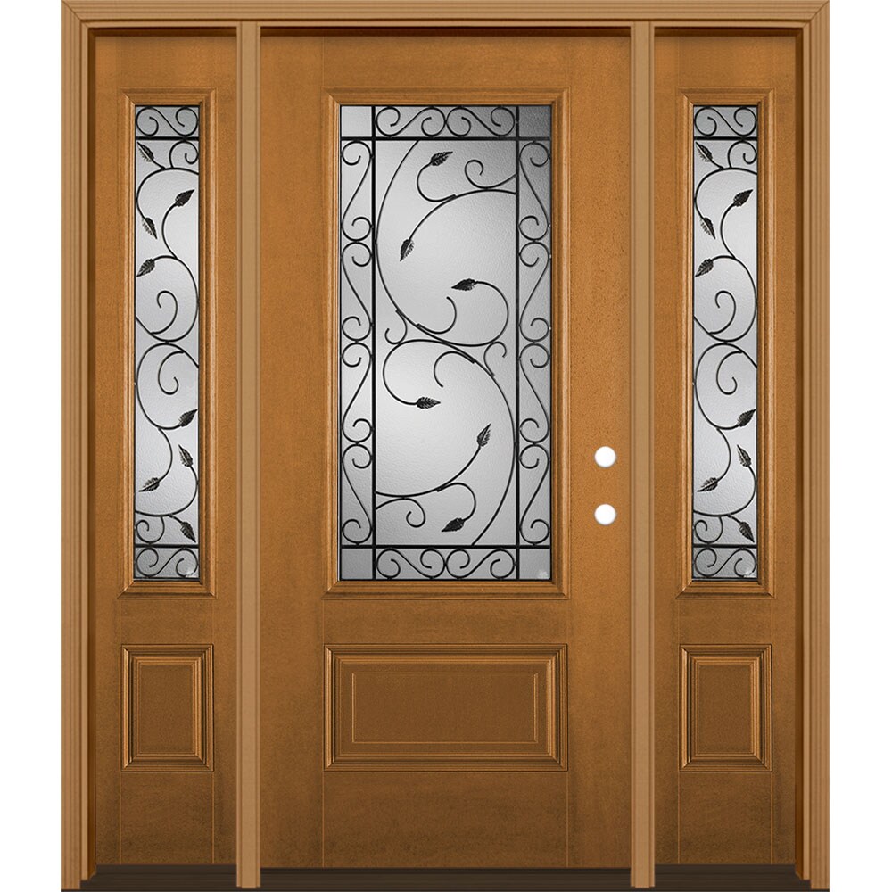 Masonite 3422289 Pergola 60-in x 80-in x 4-9/16-in Fiberglass 3/4 lite Left-hand inswing Oakcrest Stained Prehung Single door with sidelights Front Door with Brickmould Insulating core Decorative glass