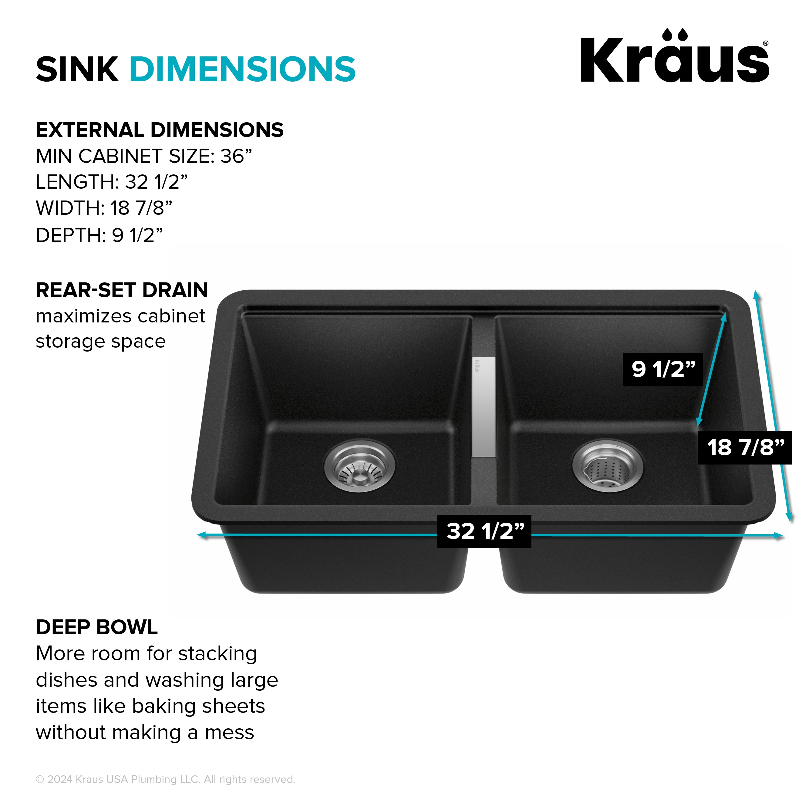 KRAUS 33 inch L Undermount 50/50 Double Bowl Black Onyx Granite Kitchen Sink