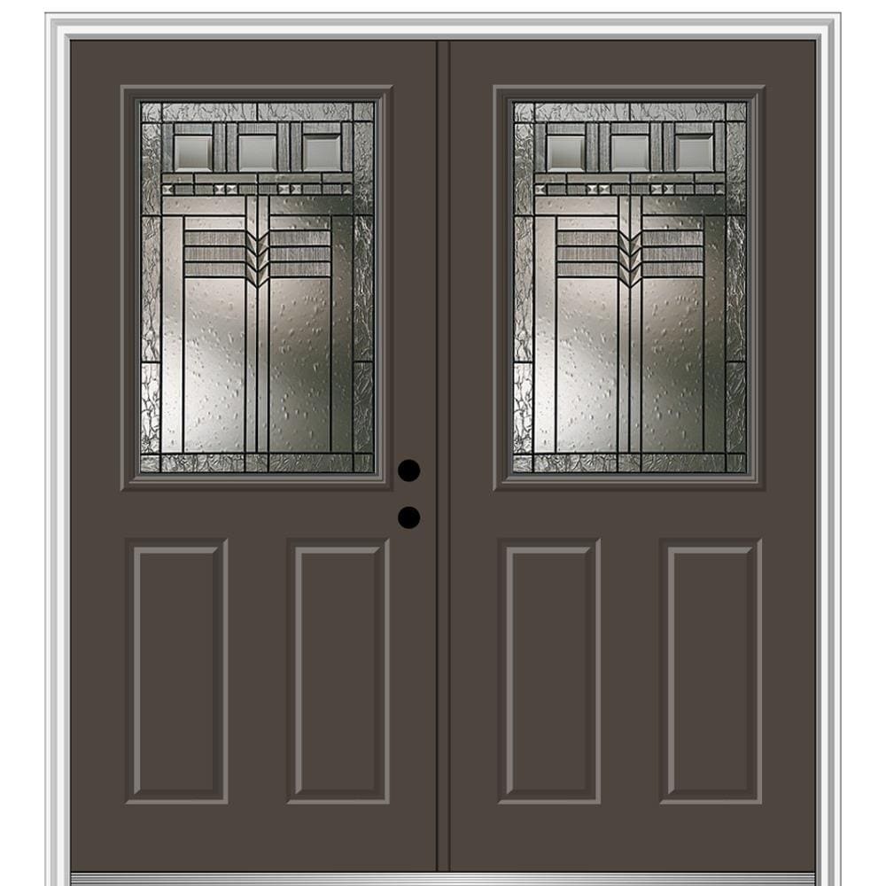 MMI DOOR ZZ3664791L 68-in x 80-in x 4-9/16-in Fiberglass Half lite Left-hand inswing Brown Painted Prehung Double Front Door with Brickmould Insulating core