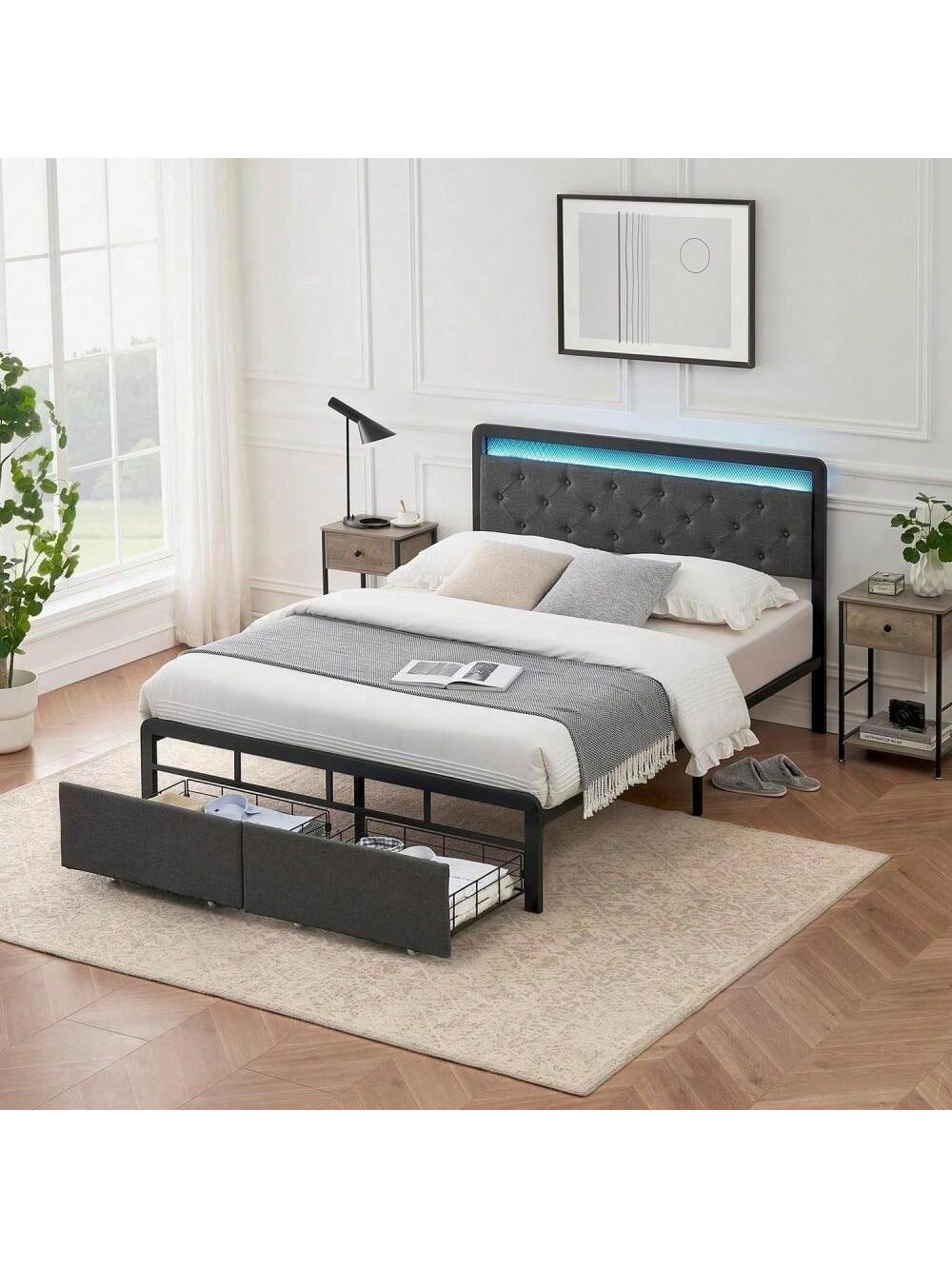 Qeetex PHO-0YJCT1M8-HF4 Queen Size Bed Frame with LED Lights. Button Tufted Headboard. Bed Frame with 2 Storage Drawers. Metal Slat Supports. Gray
