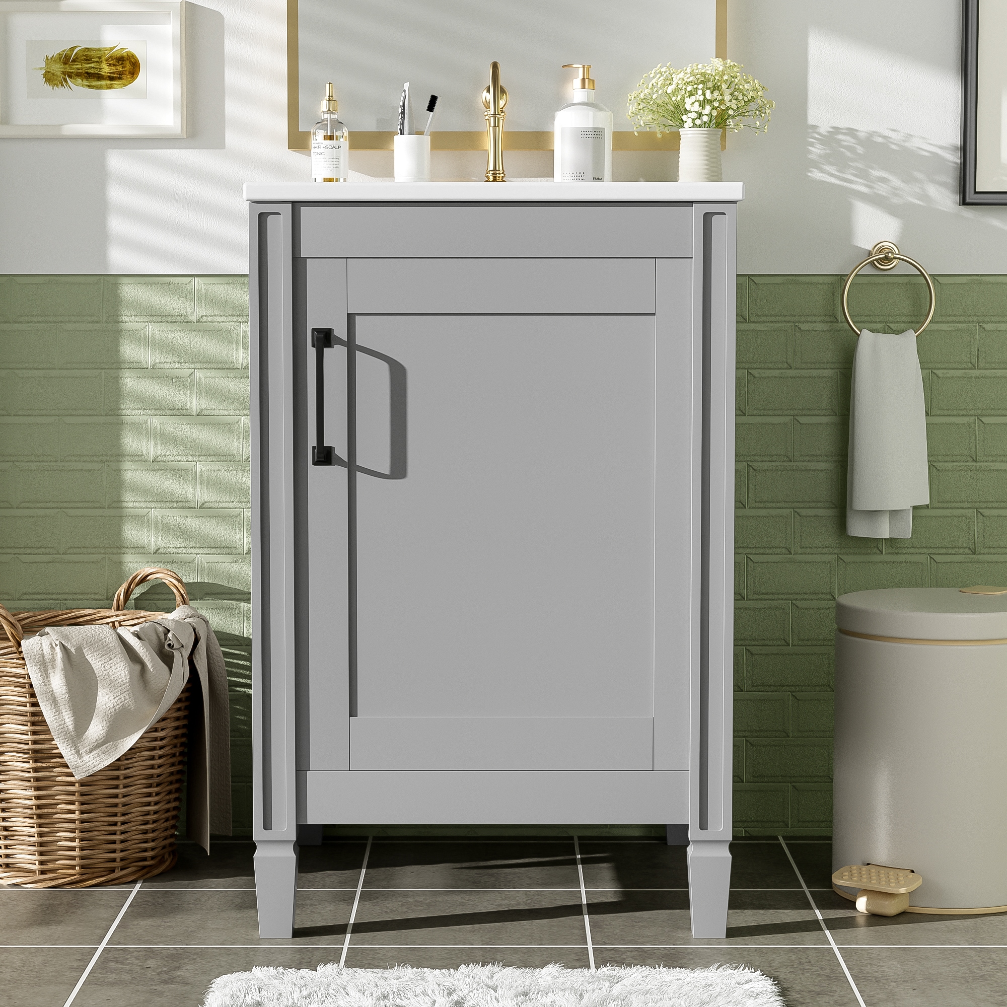 GDFStudio Isla 20-inch Modern Freestanding Bathroom Vanity with Ceramic Sink and Soft-close Door and U-shaped Shelf - Grey