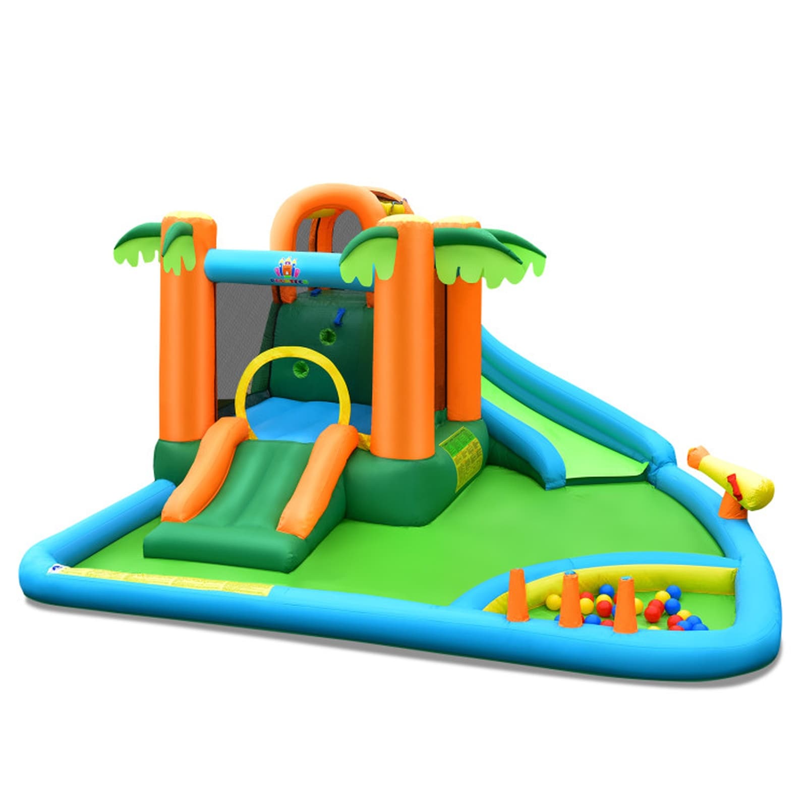 SUGIFT 14-ft x 12-ft 7-in-1 Inflatable Water Slide Park with Dual Slides Trampoline Climbing Wall Splash Pool Water Cannon 30 Ocean Balls 680-W Blower Ground Stakes Repair Kit and Carrying Bag for Kids Ages 3 to 10 Backyard Bounce House Fun