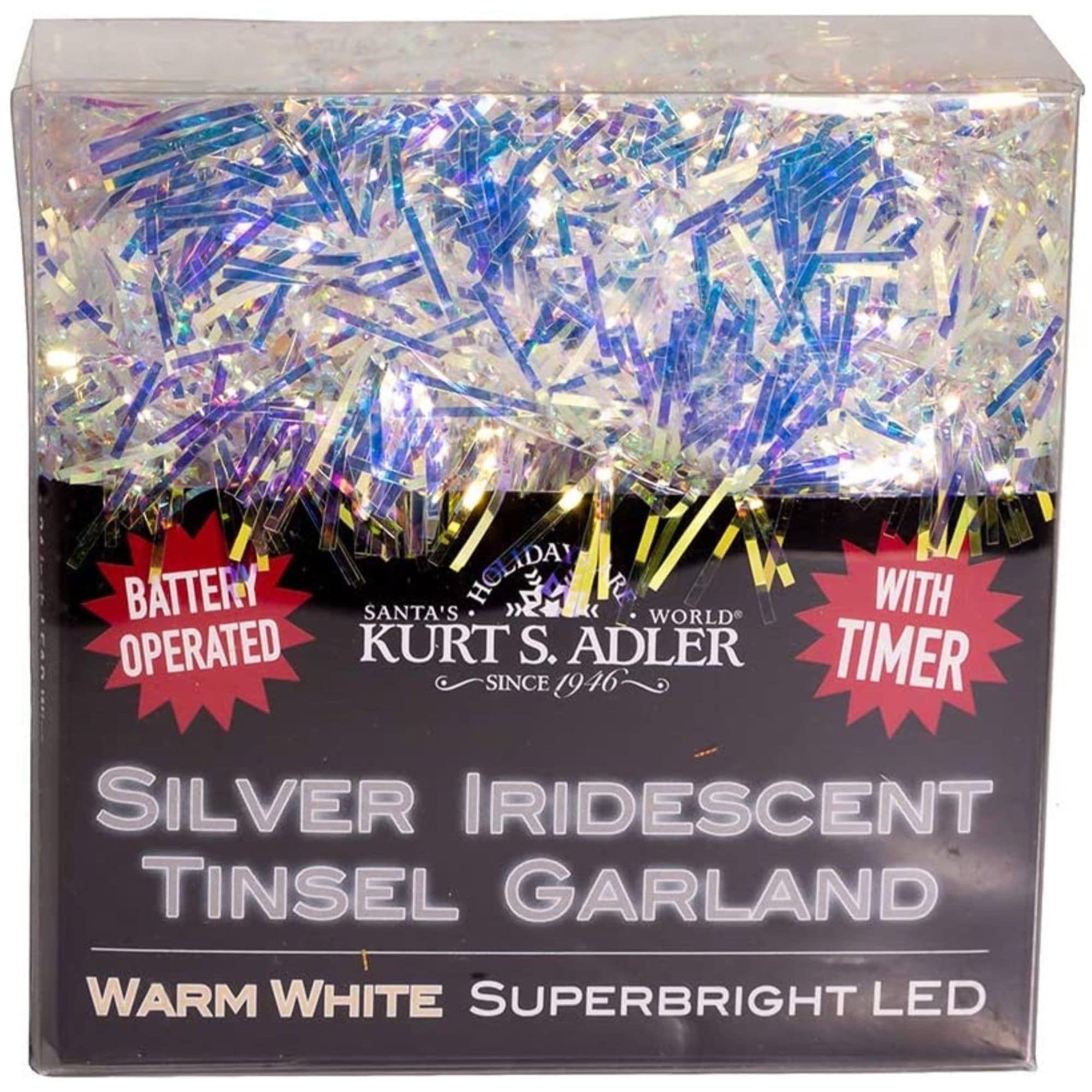 Kurt S. Adler Battery Operated Lighted Iridescent Tinsel Garland - 20 Warm White LED Lights - 6.5ft