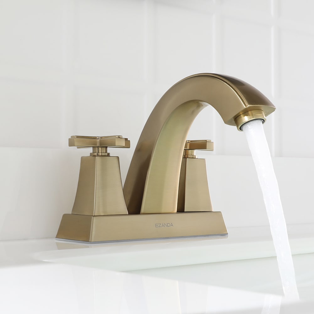 EZANDA 1433508 Kayden Brushed Gold 4-in centerset 2-handle Mid-arc Residential Handle Bathroom Sink Faucet with Drain with Deck Plate