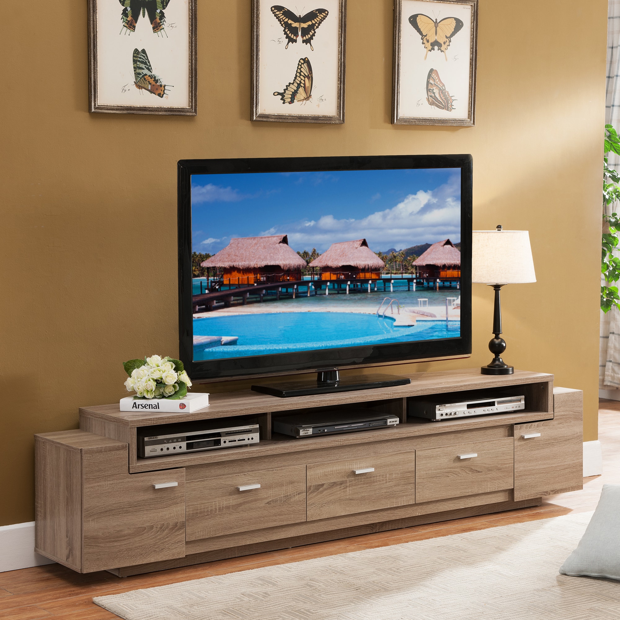 Furniture of America IDI-151213 Spada Transitional Distressed Taupe Tv Stand (Accommodates TVs more than 70-in)