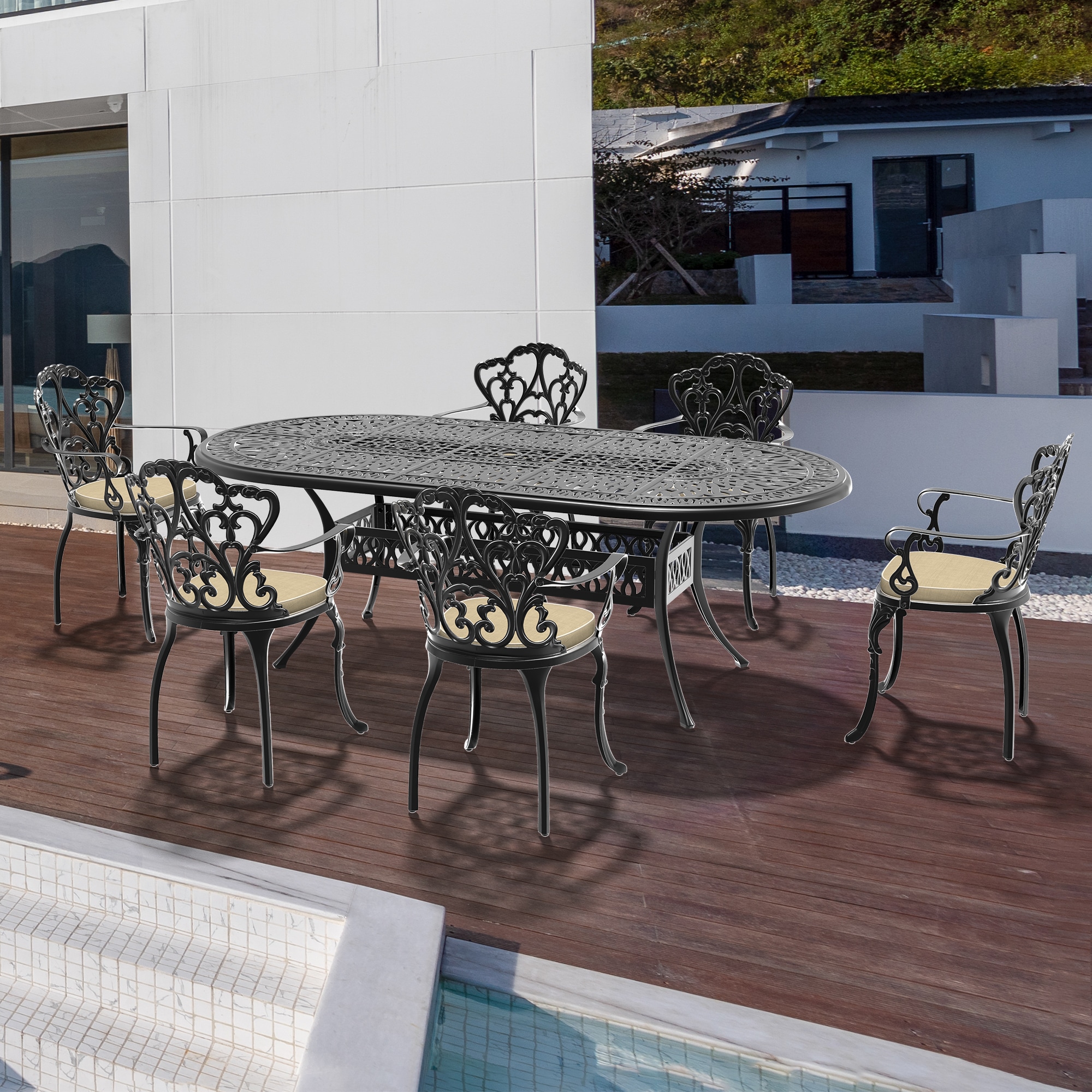 nicesure SLBK6047CZ6A1120RC 7 -Piece Black Patio Dining Set Aluminum Oval Table with 6 Cushions Stationary Chairs