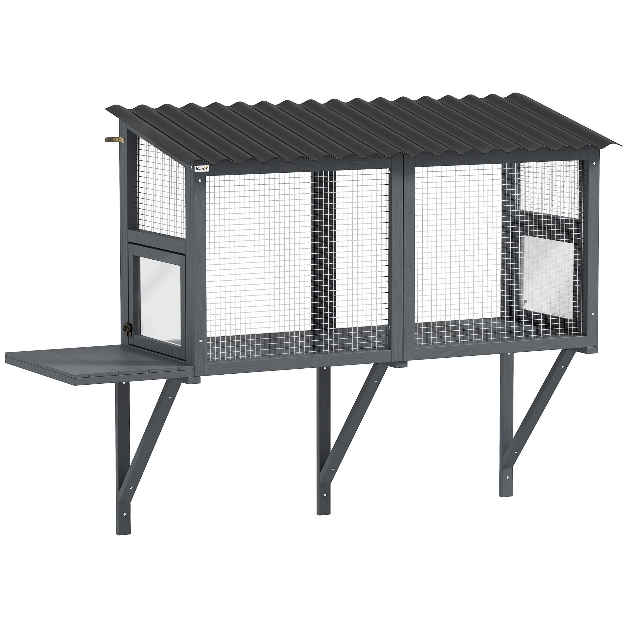 PawHut  Cat Catio Outdoor Cat Enclosure Window Perch for Multiple Kittens with Jumping Platform Wooden Window Box for Safely Enjoying Outdoor Sights Playing Sunbathing Napping Gray