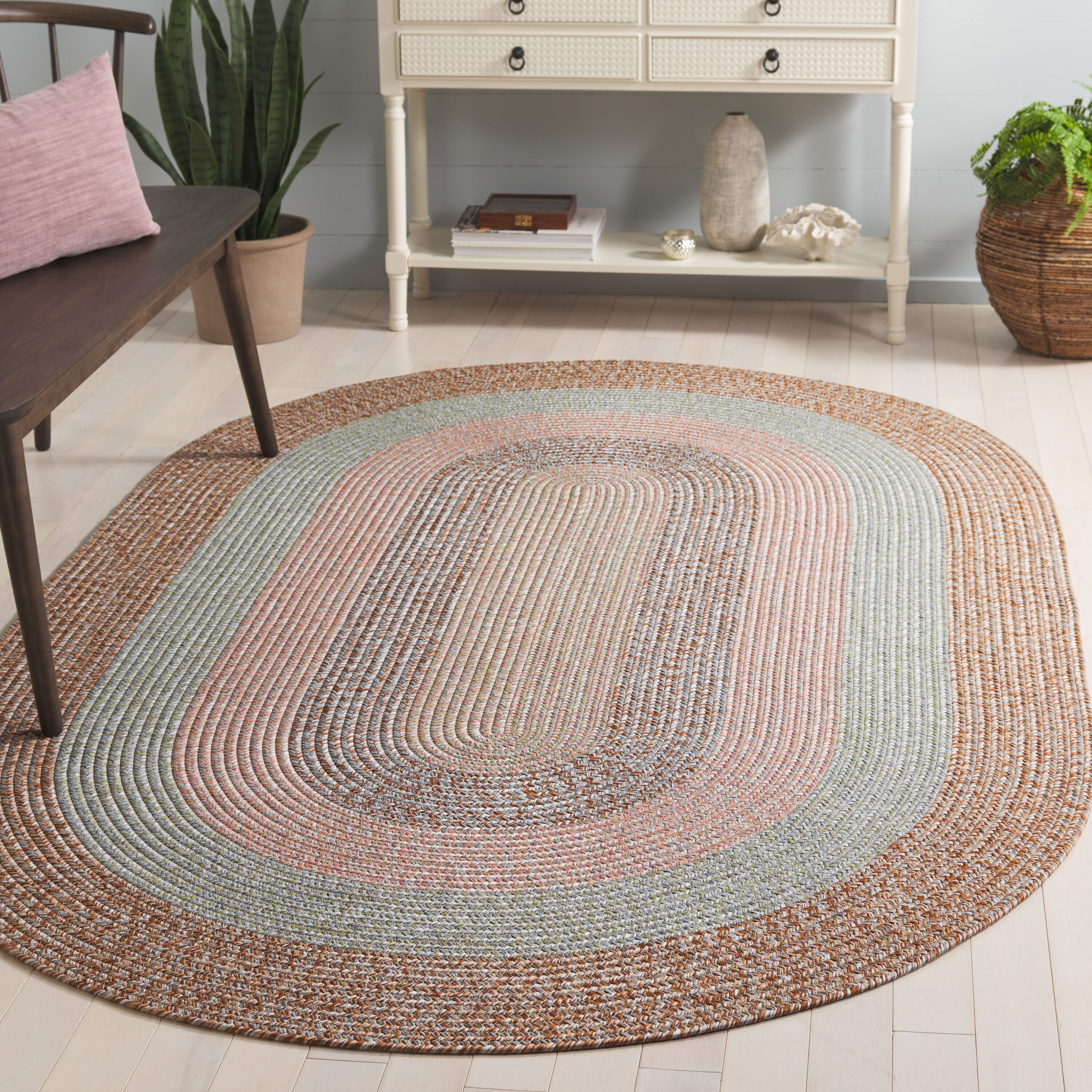Braded Rugs 318G Brown/Grey Pink 5ft x 8ft Country Floral Rug