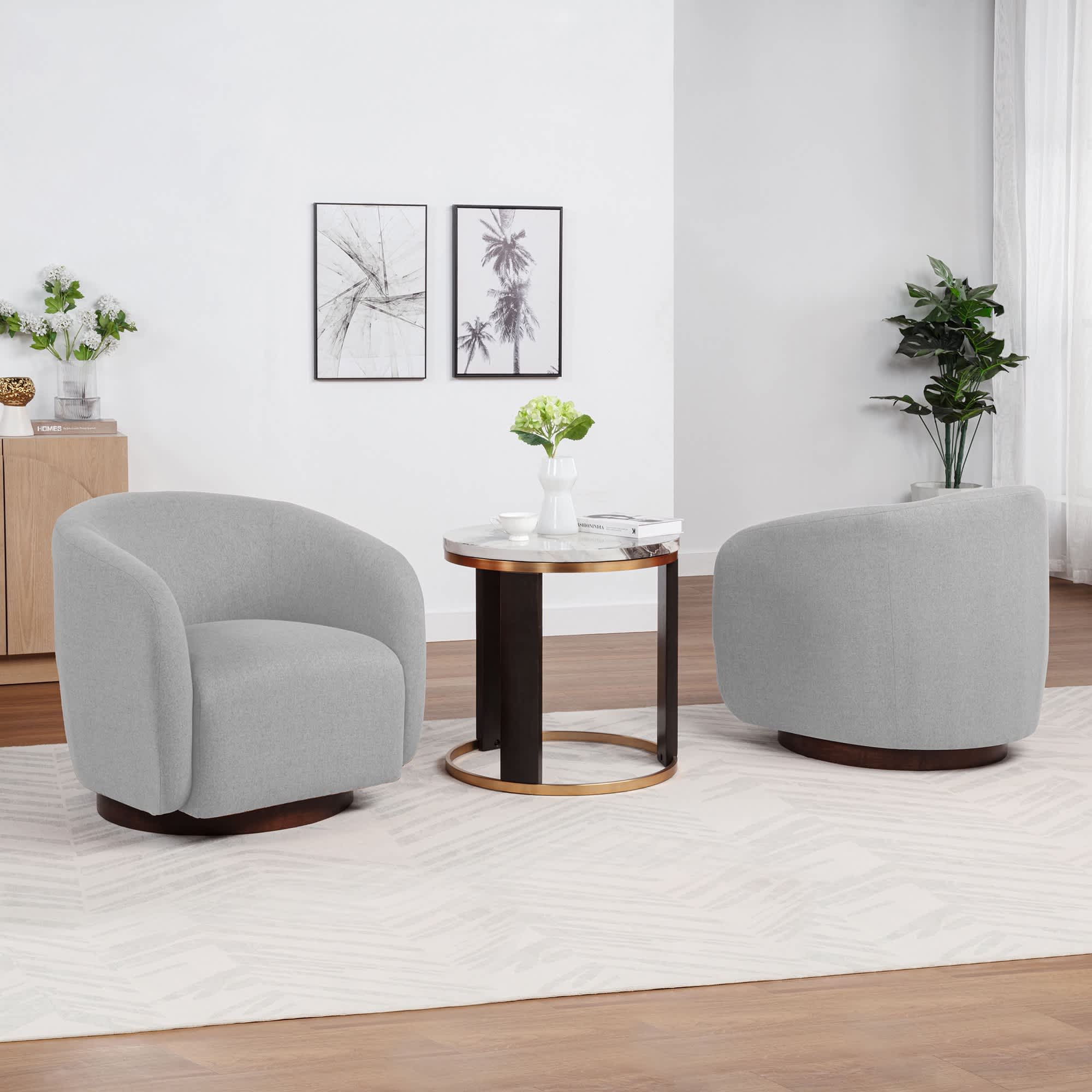 SEYNAR XY810-LIGHT GREY-S2 Modern Glam Boucle Fabric Round 360 Degree Swivel Barrel Chair Set of 2