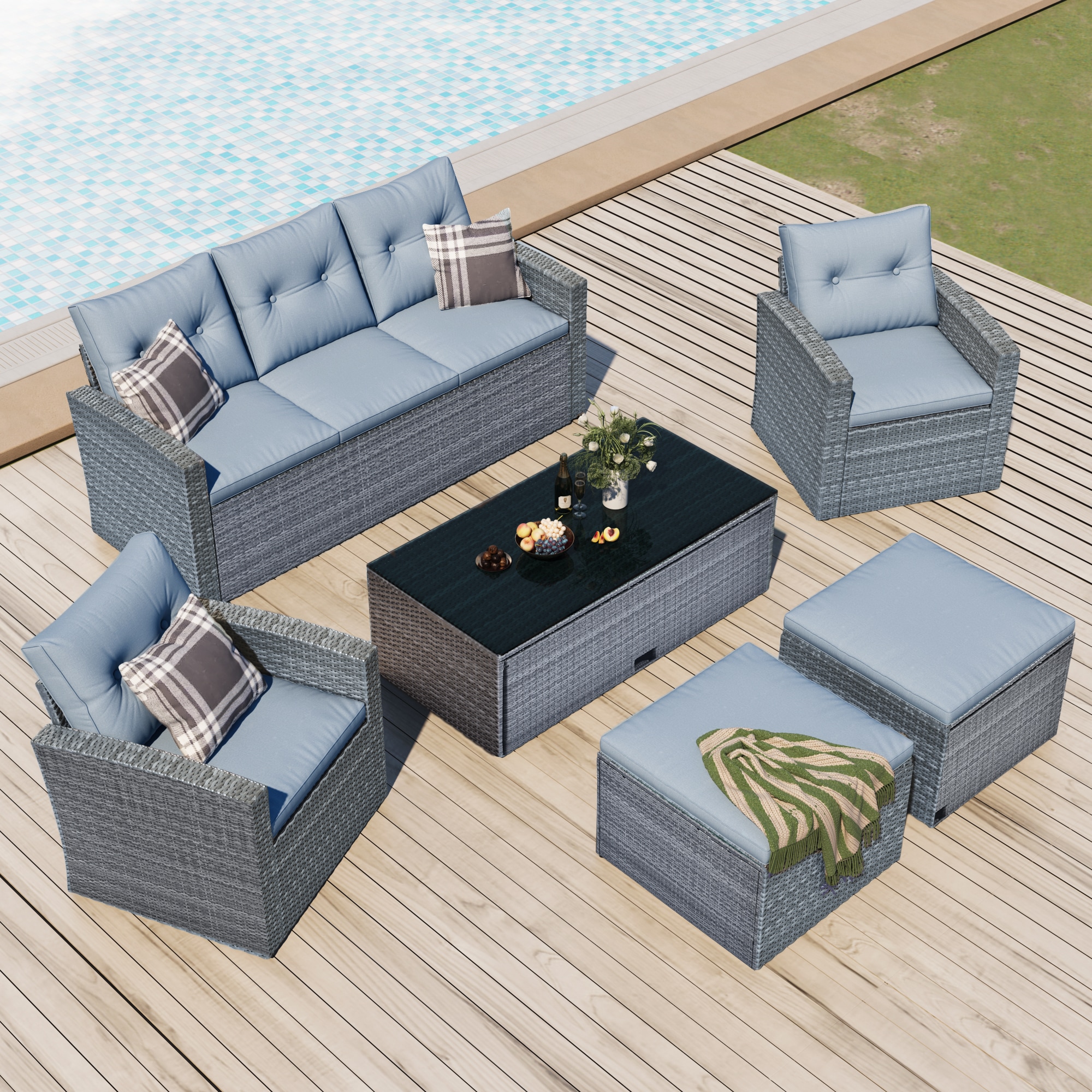 Mondawe MD-U188GY 6 -Piece Wicker Patio Sofa Conversation Set with Gray Cushions