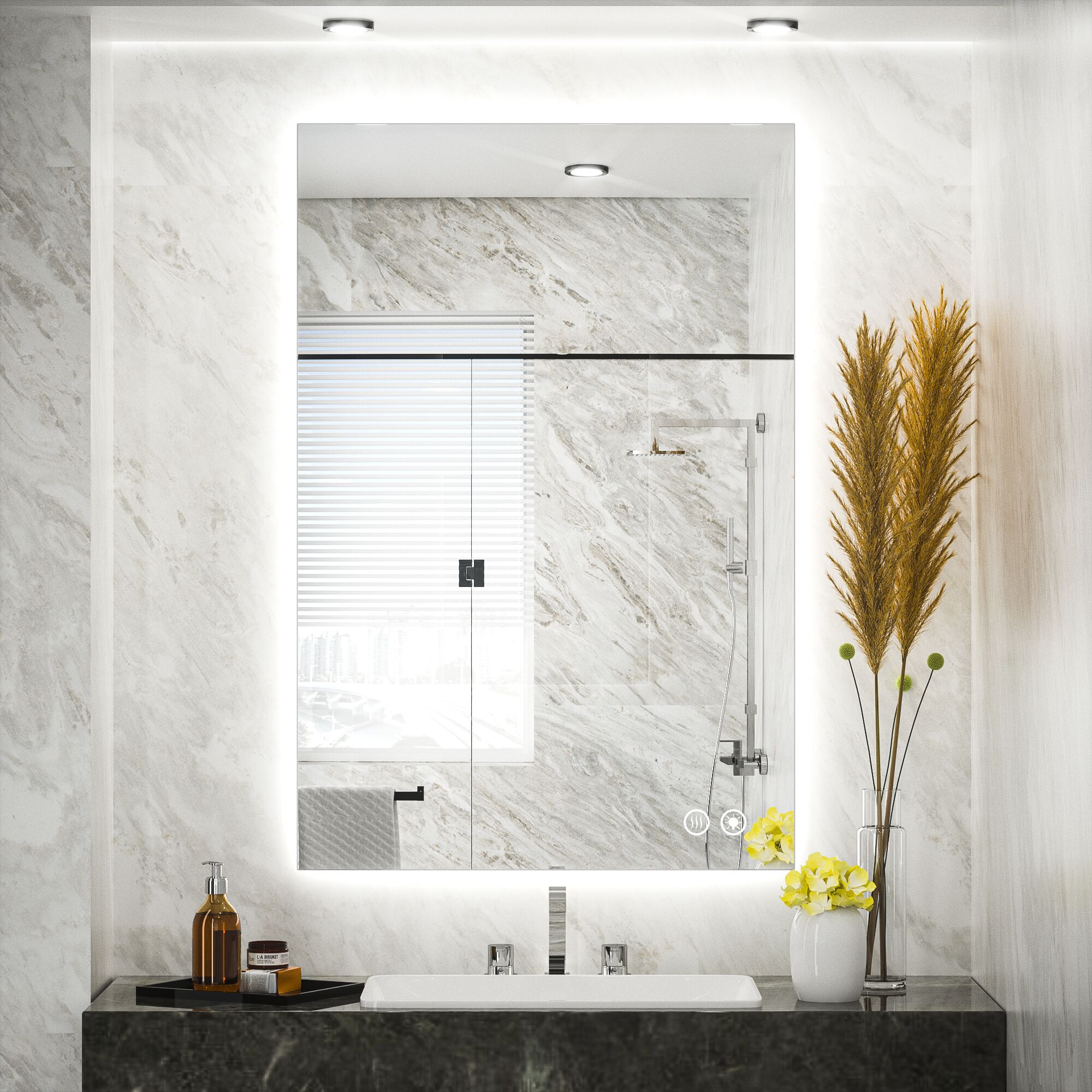 Keonjinn LW-JZ-BGSSW-6191 24-in x 36-in Polished Frameless Rectangle Dimmable LED Lighted Fog Free Bathroom Vanity Mirror ( Sliver )