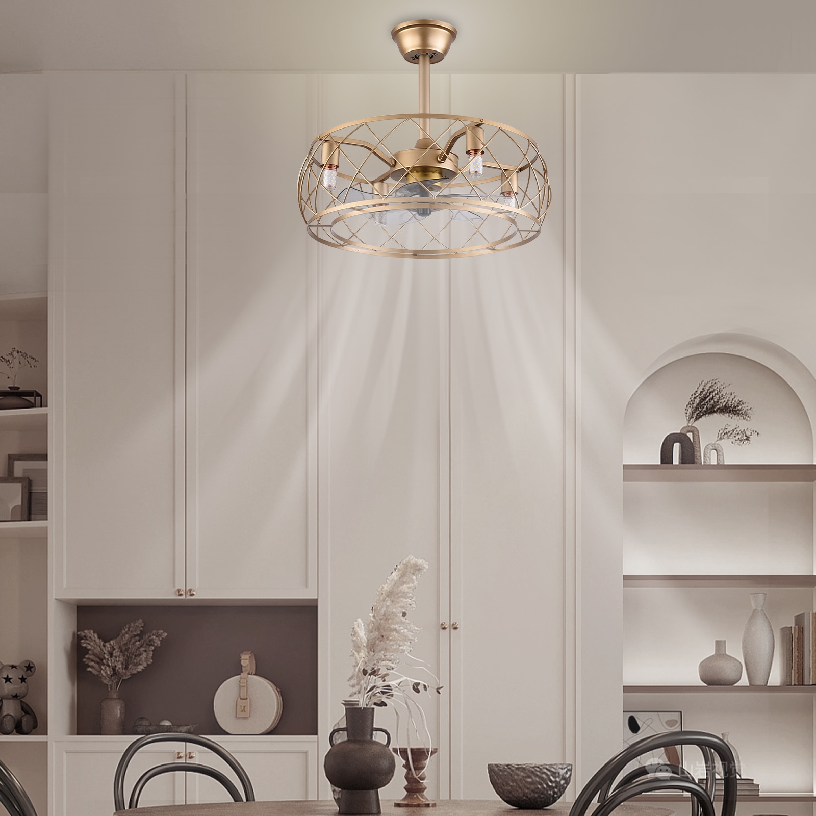 20" Gold Aluminum Caged Ceiling Fan with LED Light and Remote