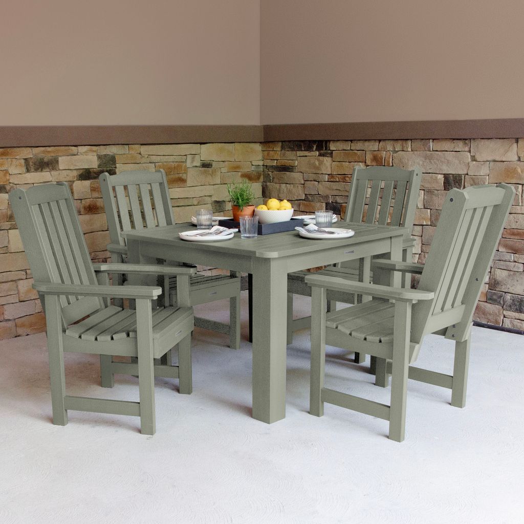 highwood AD-DNL44-EUC The Lehigh 5 -Piece Eucalyptus Patio Dining Set Plastic Square Table with 4 Stationary Chairs
