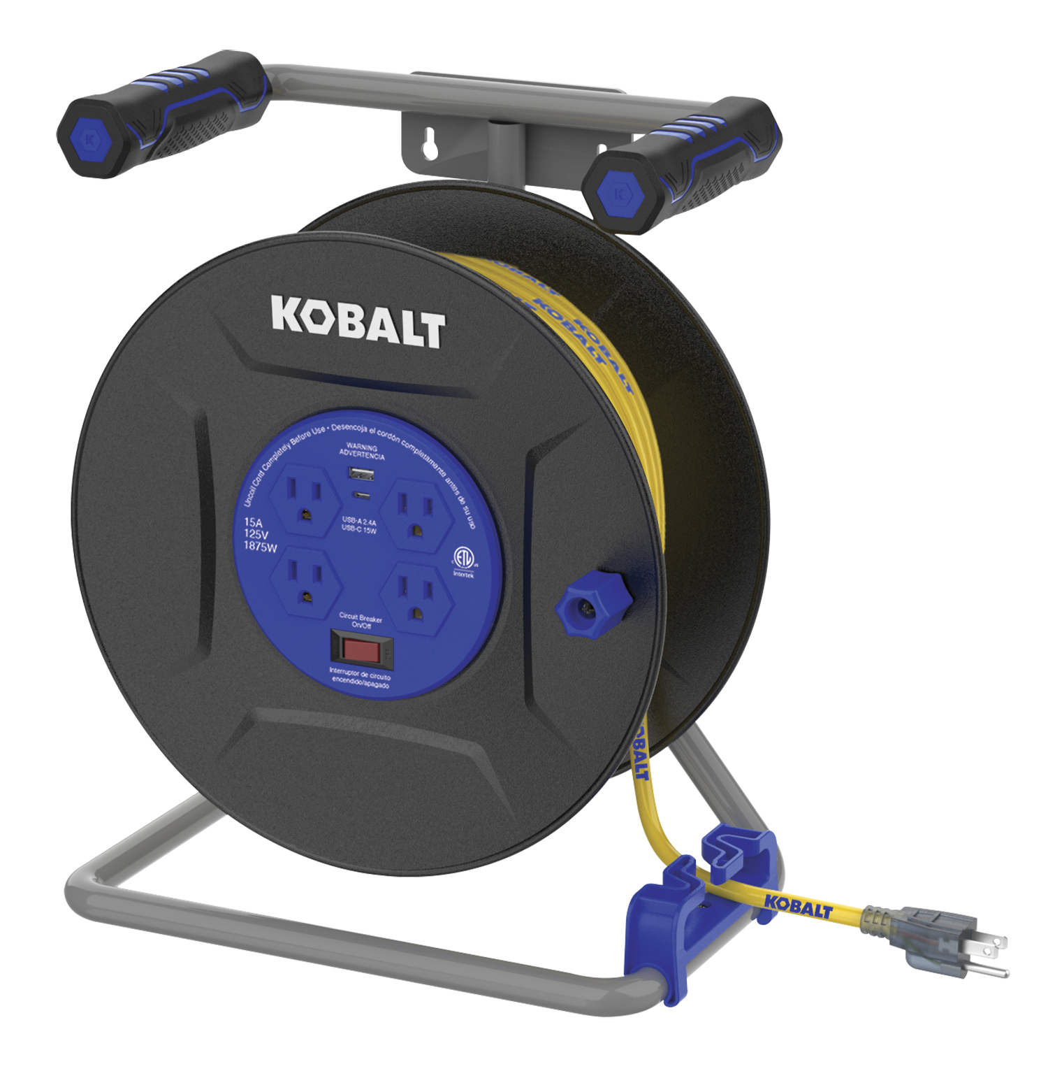 Kobalt 4-Outlet Portable Thermoplastic Power Station Cord Reel w/ 75ft 12/3 Yellow SJTW Cord with 1 USB-A and 1 USB-C | LKCRPD832U