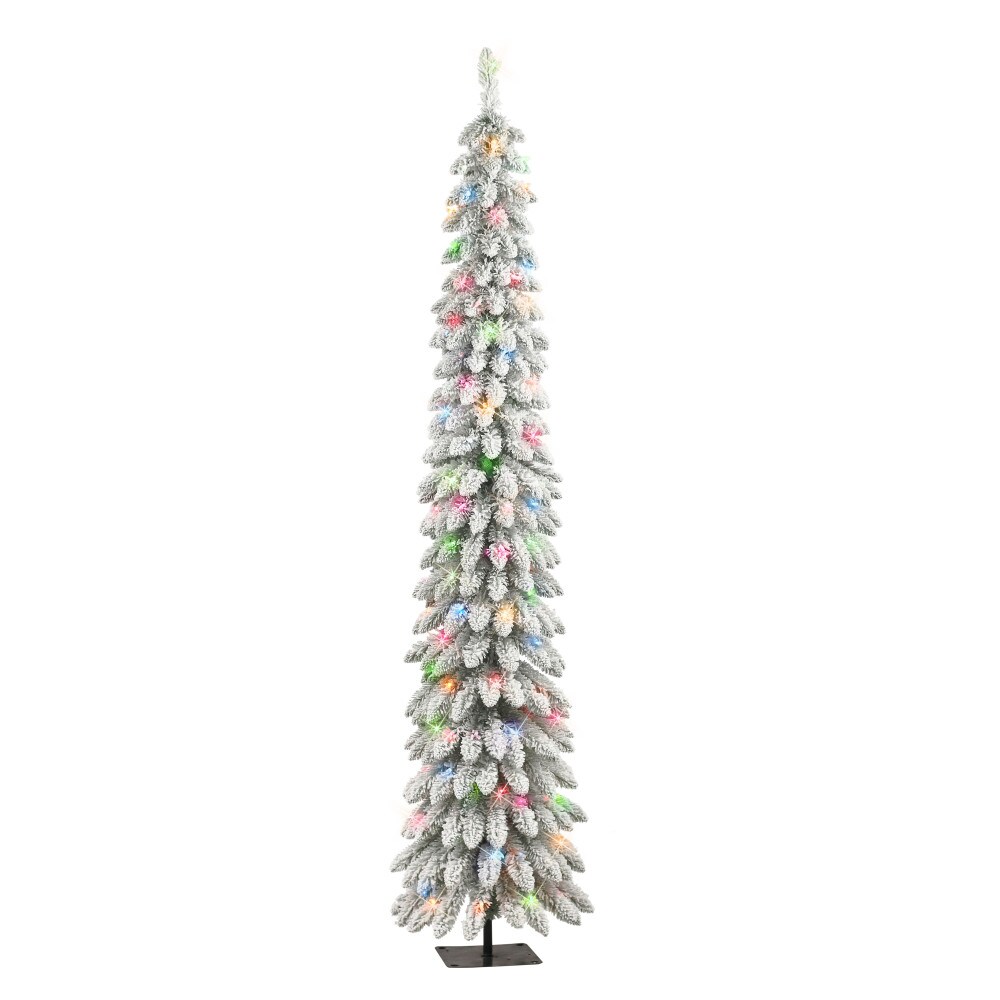 Puleo International 01063A-TFP70M15 7-ft Pine Pre-lit Pencil Flocked Artificial Christmas Tree with Multicolor Incandescent Lights