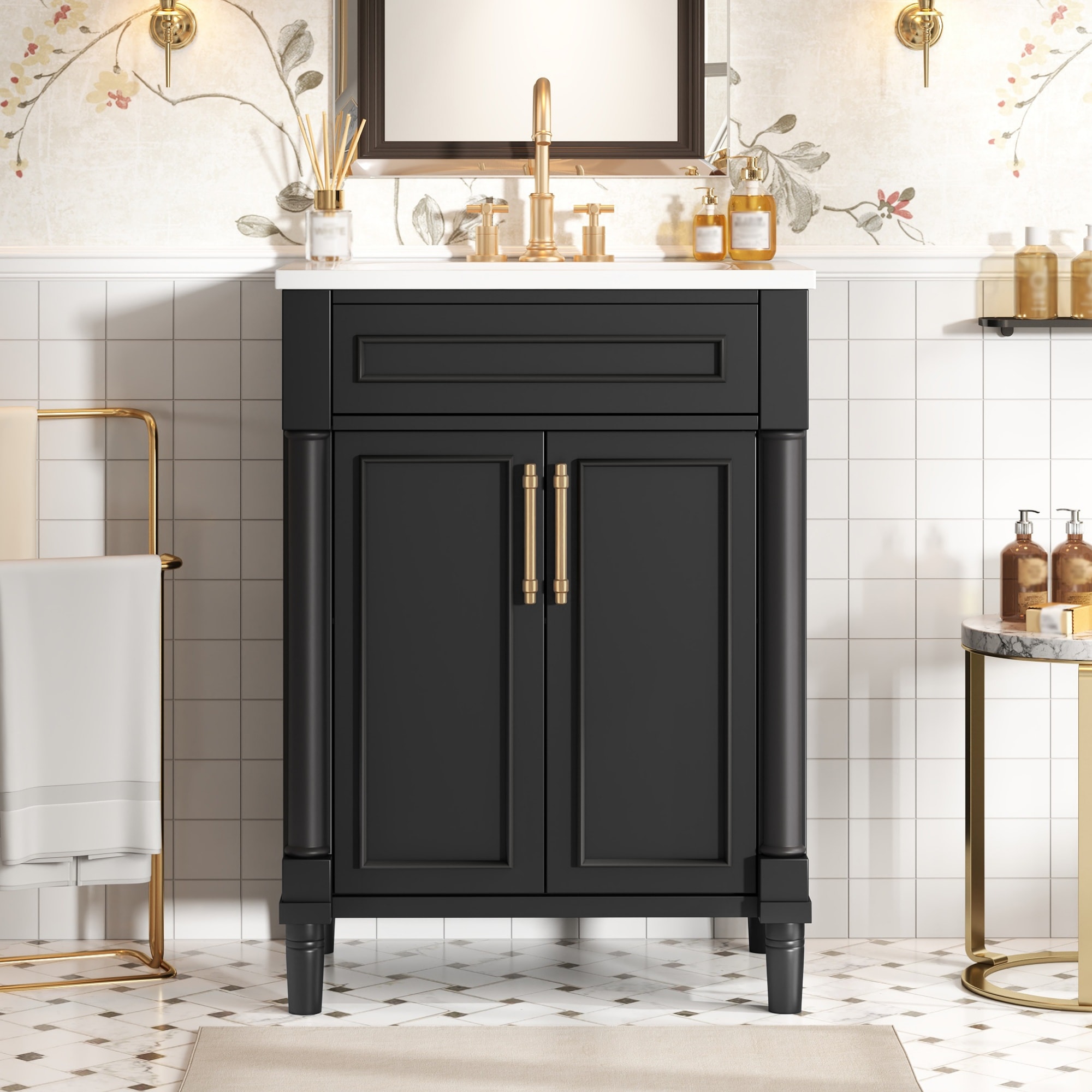 GDFStudio Oakmont 24 in. Compact Freestanding Bathroom Vanity with Ceramic Sink and Double Door Storage for Small and Medium Restroom - Black