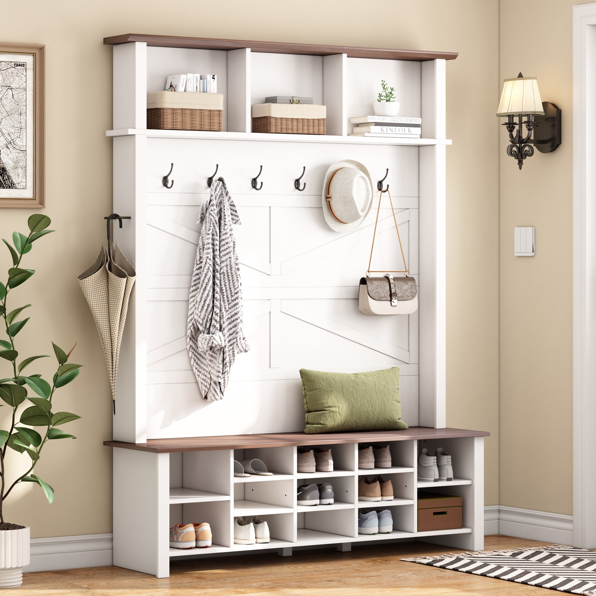 ModernLuxe N721P264915K Farmhouse 4in1 Hall Tree with 6 HooksPractical Walnut Entryway Bench with Adjustable Shelves Wooden Style Rustic Shoe Organizer with 16 Open Compartments for MudroomLiving RoomWhite