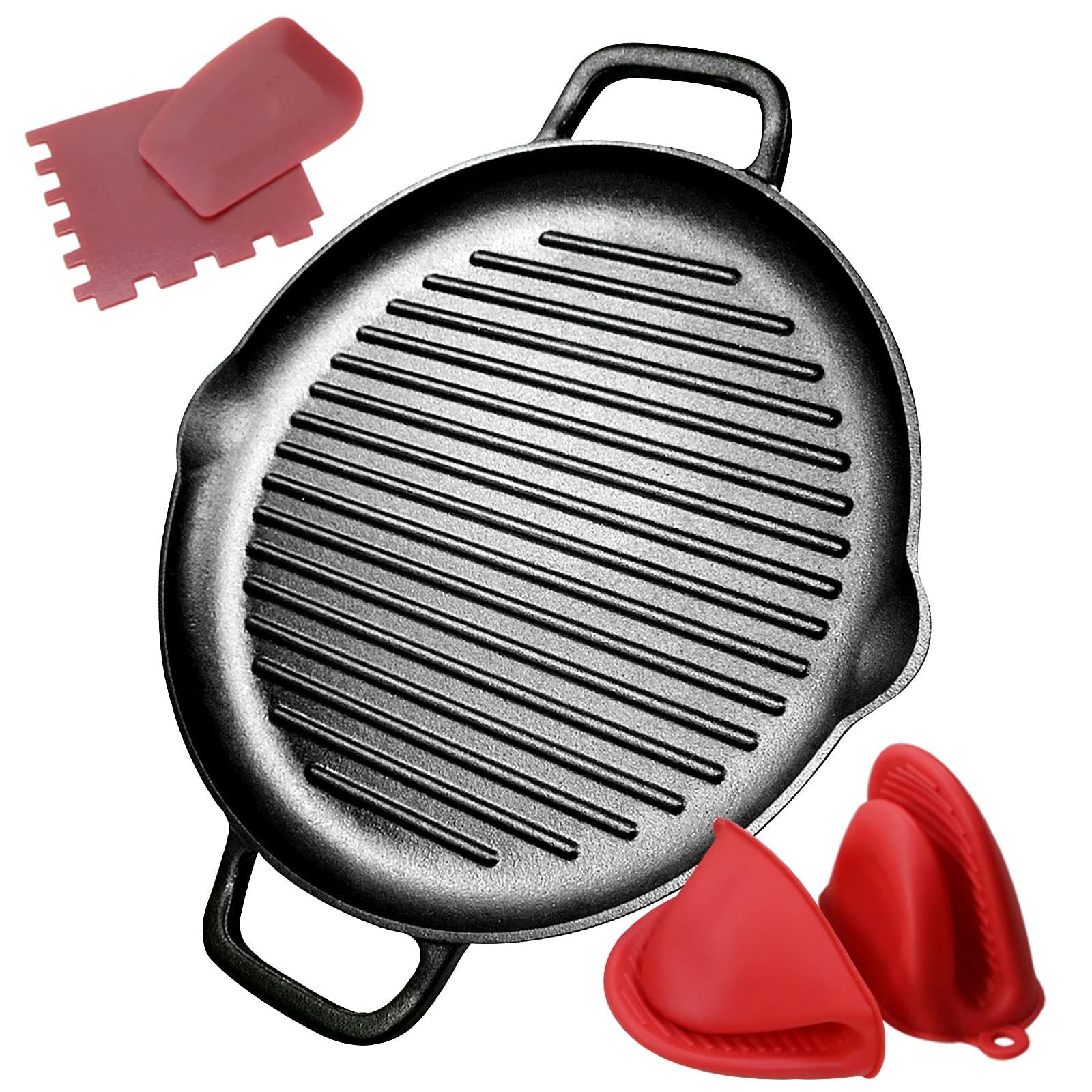 ITOPFOX  Cast Iron Grill Pan 12.6 Inch Griddle Pan with Dual Handles Preseasoned Heavy Duty Skillet for Stovetop Oven Indoor and Outdoor BBQ Use