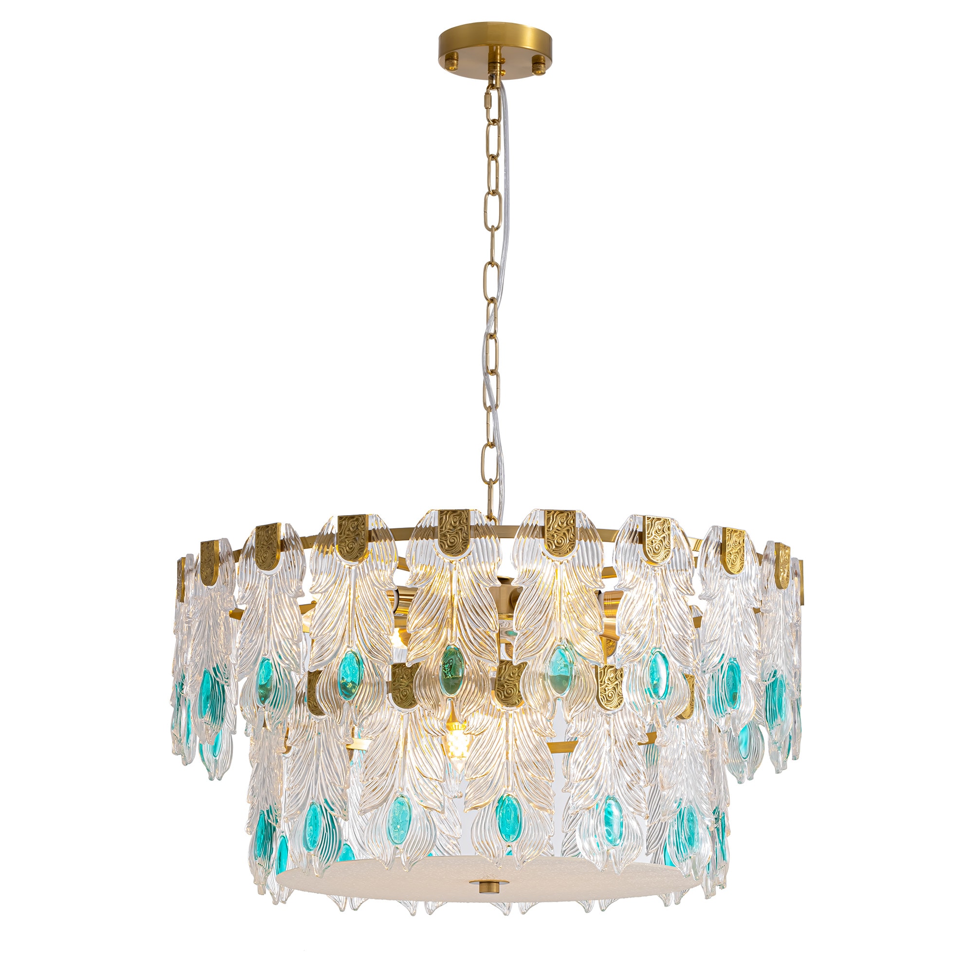 FANNEHONNE 24 in. Gold Vintage Textured Glass Chandelier 9-Light Modern Round Tiered Hanging Light for Dining Room Living Room Foyer