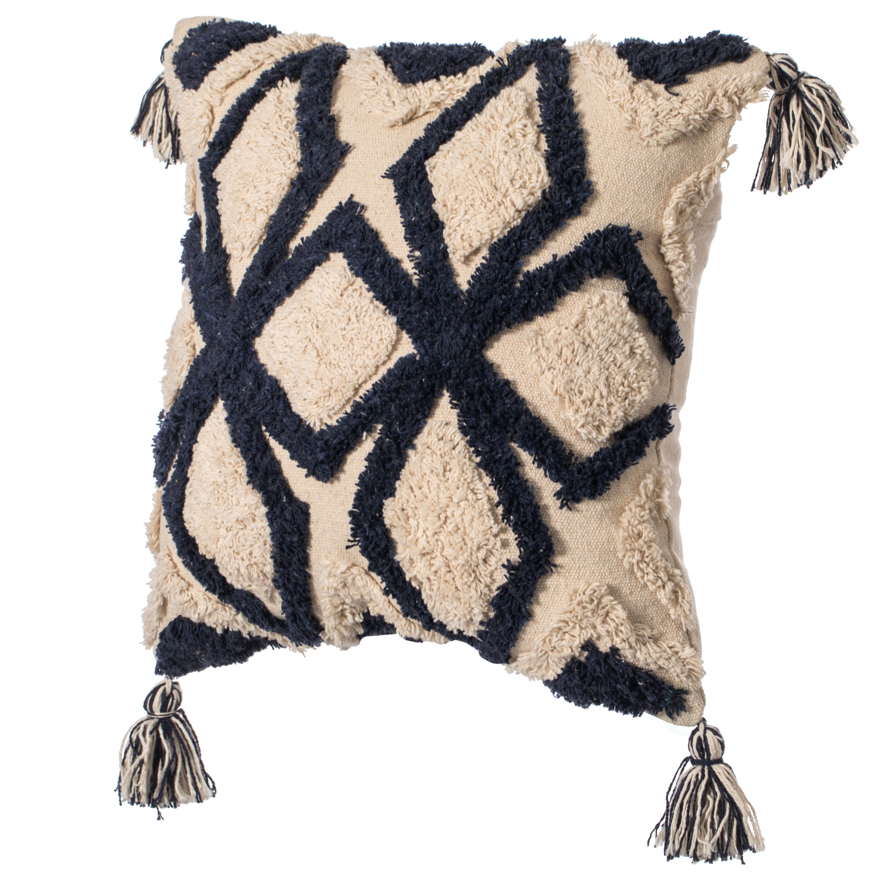 Deerlux 16 Handwoven Cotton Throw Pillow Cover with Small White Tufted Diamond Pattern and Tassel Corners, White