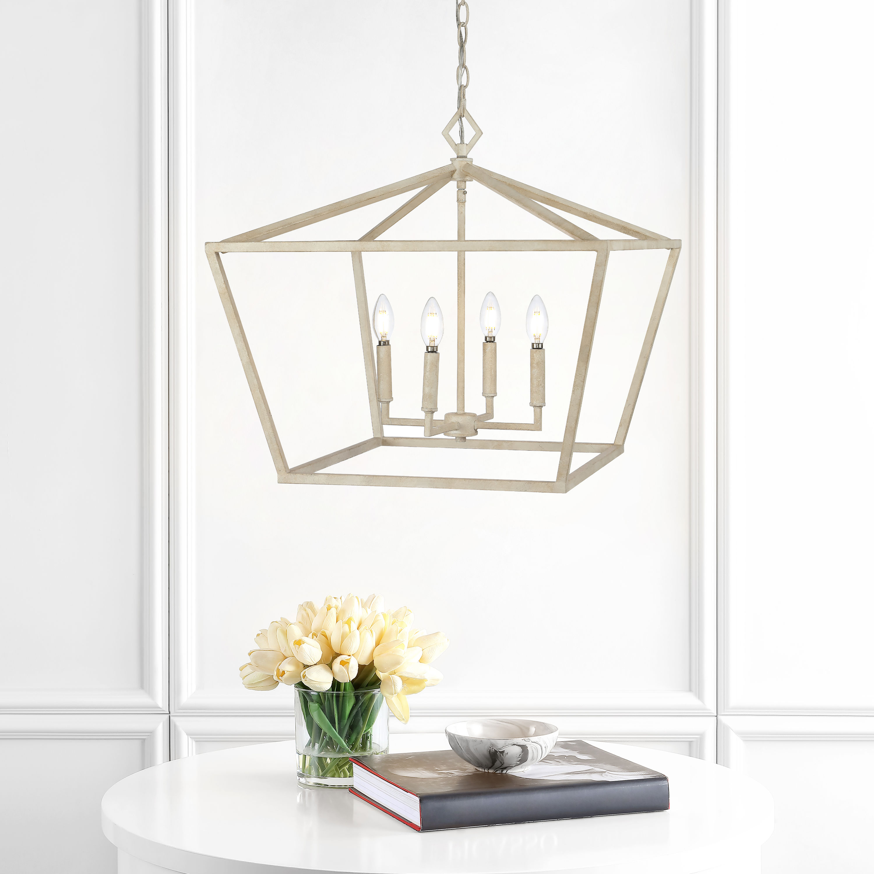 JONATHAN  Y JYL7520A Gatsby 23" Adjustable Iron Rustic Glam 4 -Light Brown/Silver Farmhouse Lantern Large Hanging Pendant light