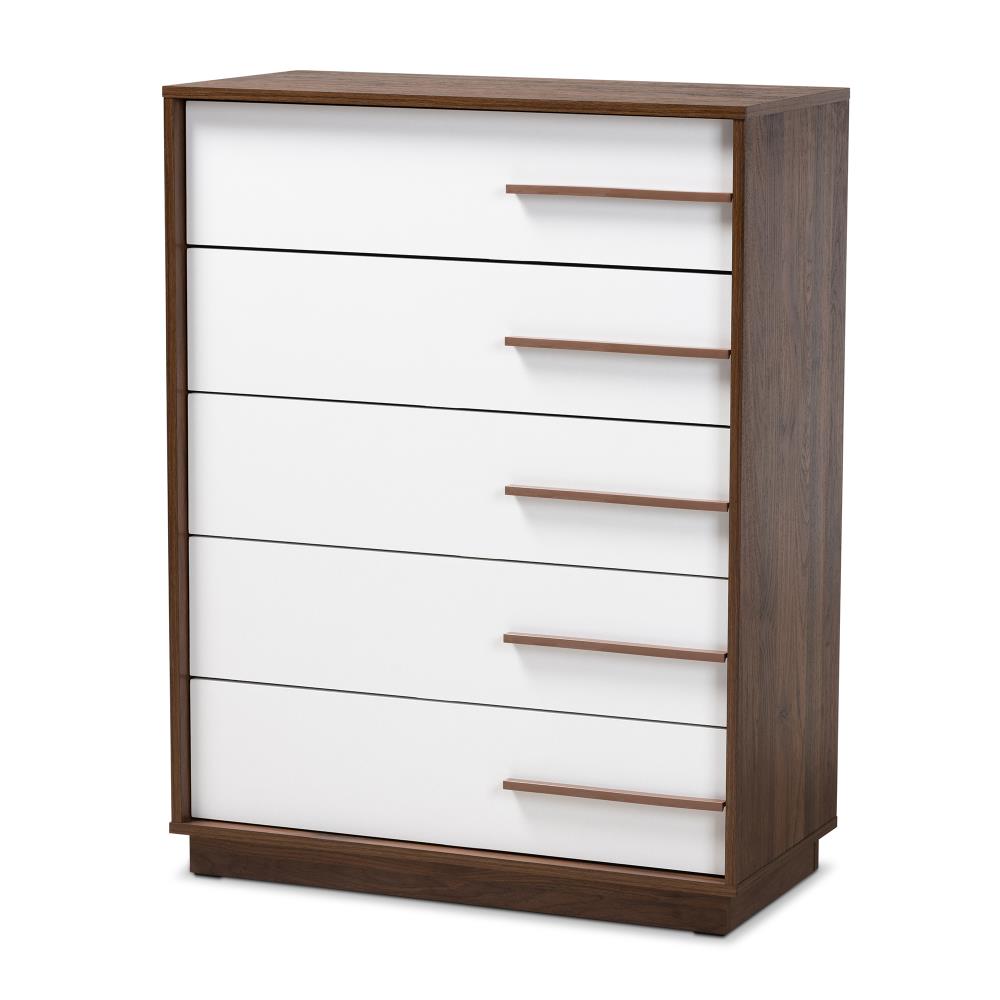 Baxton Studio Mette White Walnut 5 Drawer Chest in the Chests