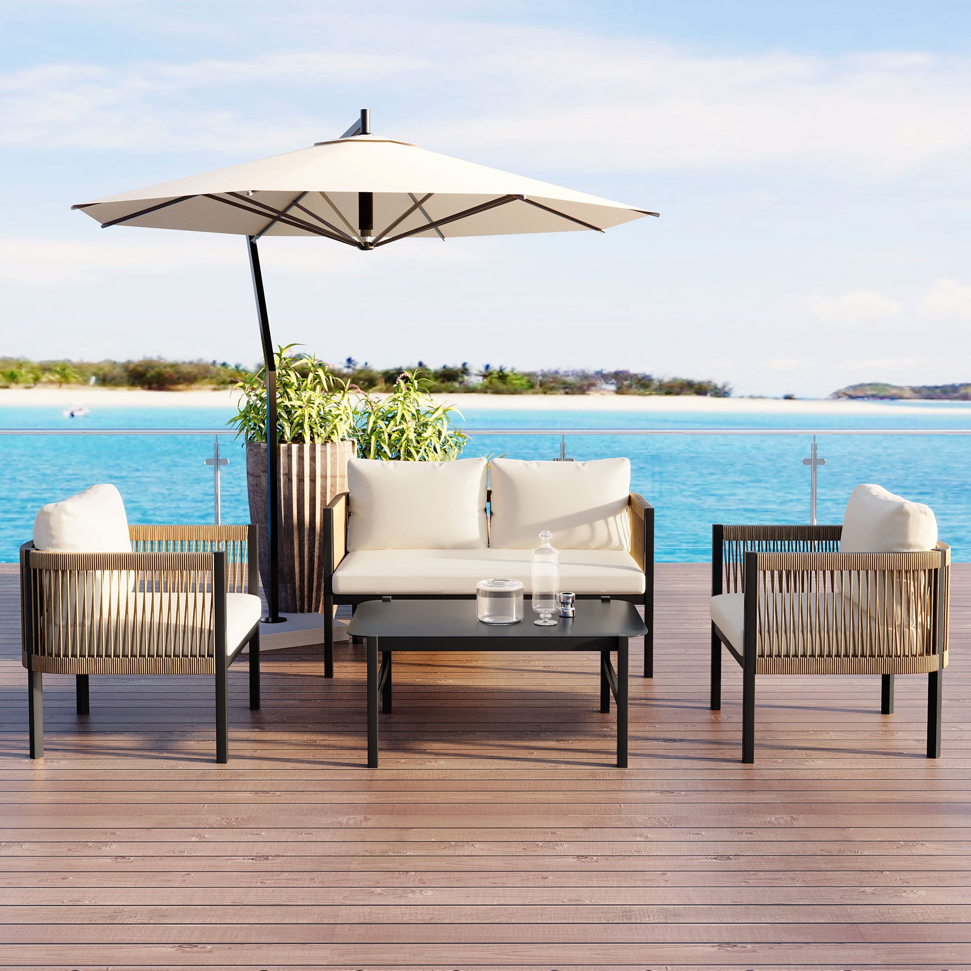 CESICIA 767-Z84 4 -Piece Wicker Patio Conversation Set with Beige Cushions