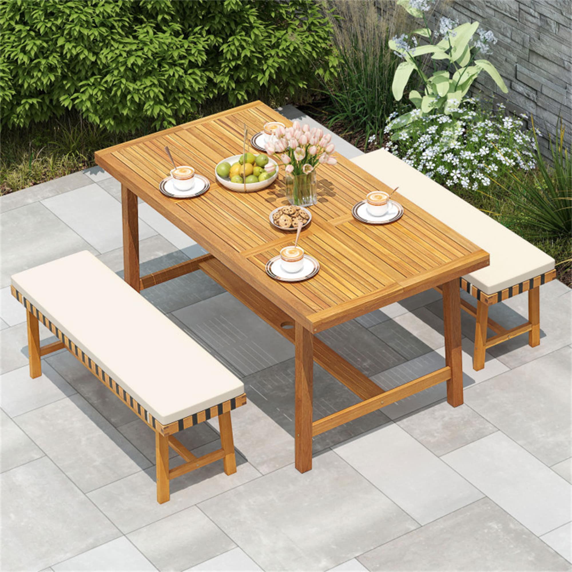 BABOOM BOM-NP10140-CO Outdoor Farmhouse Furniture Set 3 -Piece Natural Woven Patio Dining Set Wood Rectangle Table with 2 Brown Cushions Stationary Chairs