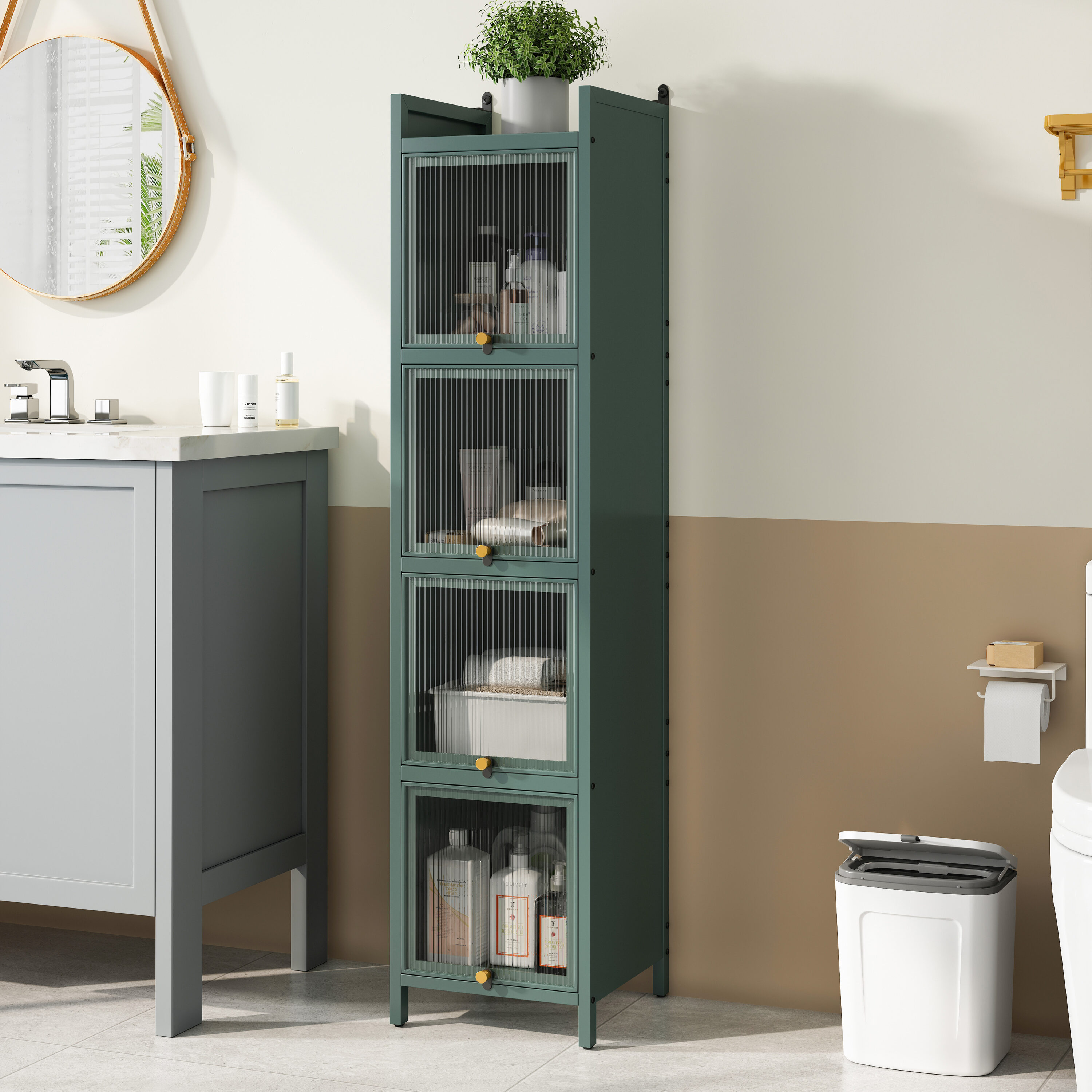 Hrinhom BA03-DARK GREEN 13.8-in x 60.6-in x 14.2-in Dark Green Metal and glass Freestanding Linen Cabinet