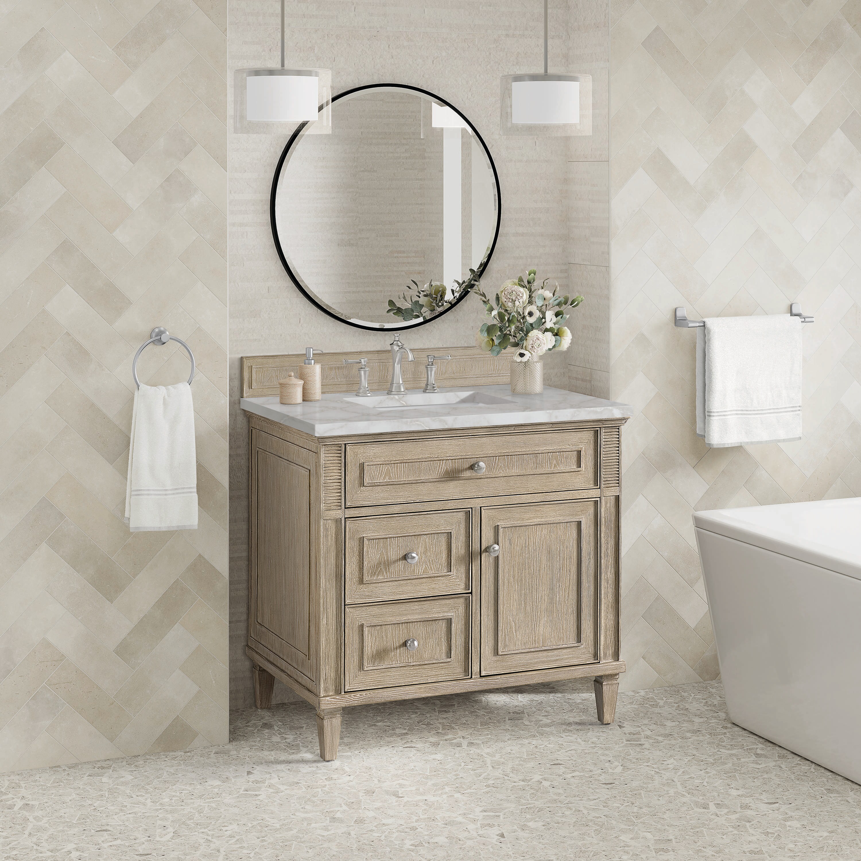 Lorelai 36" Whitewashed Oak Single Vanity with Victorian Silver Quartz Top