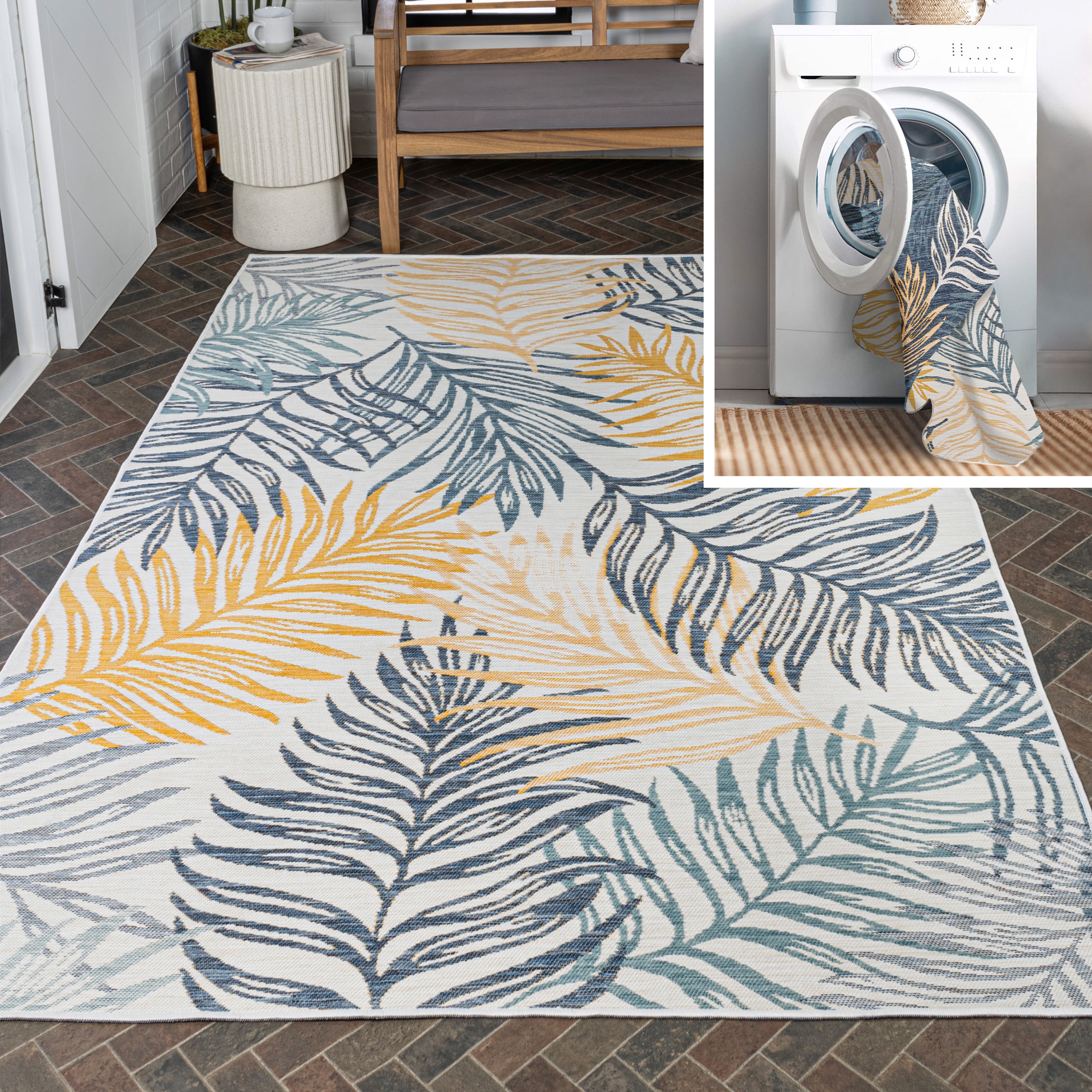 JONATHAN  Y SVH108A-3 SAVANNAH Calypso Palm Frond 3 x 5 (ft) Loomed Polypropylene Cream/Navy Rectangular Indoor/Outdoor Floral/Botanical Coastal Area rug
