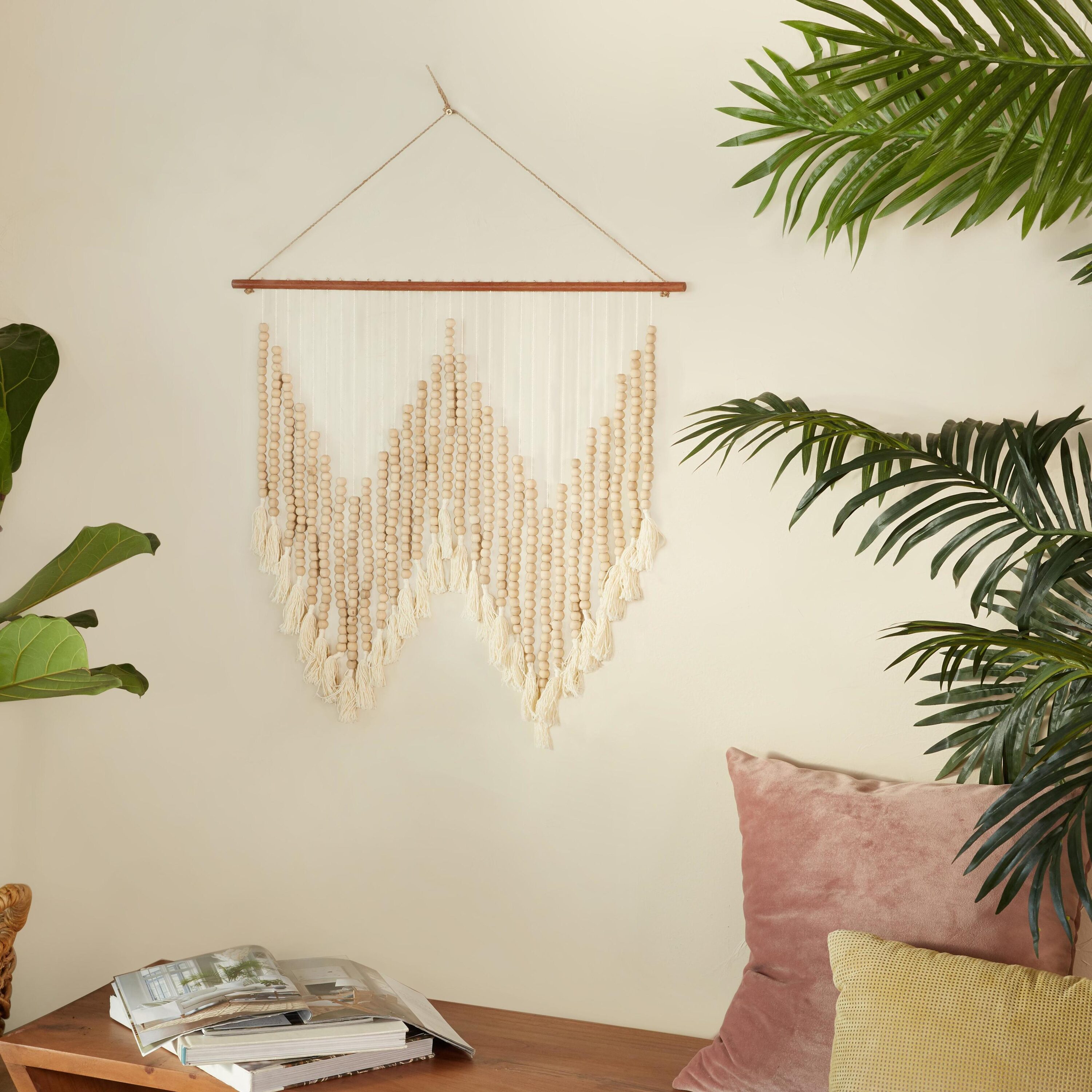 Grayson Lane 36691 26-Inches W x 35-Inches H Wood Macrame Beaded with Fringe Tassels Abstract Wall tapestry