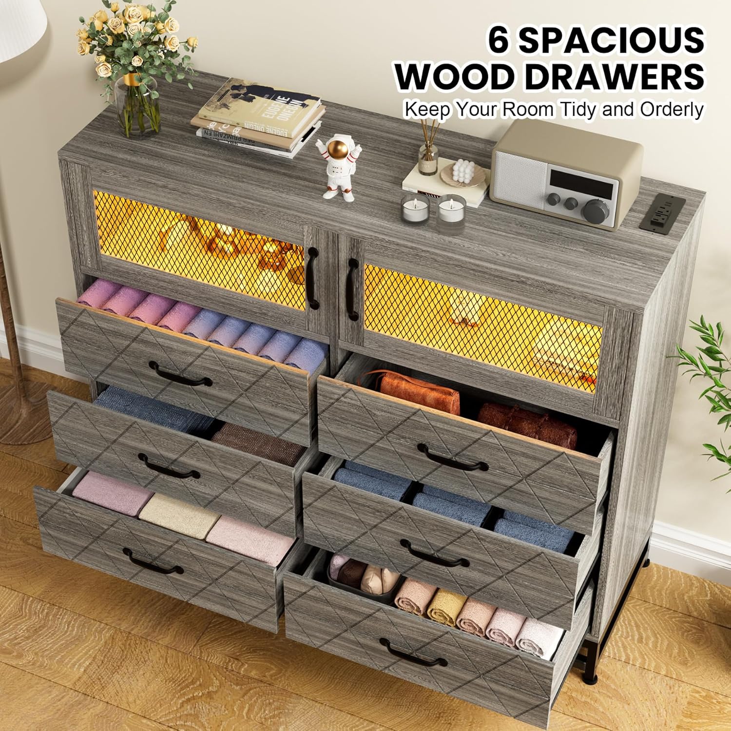 WhizMax LDYLSPHO-151RZ4SQ 6 Drawer Dresser For Bedroom With Led Lights Built In Charging Station Durable Mdf Particle Board Chest Two Iron Mesh Doors Metal Grid Handles Adjustable Shelves For Entryway Hallway Modern Industrial Style Gray