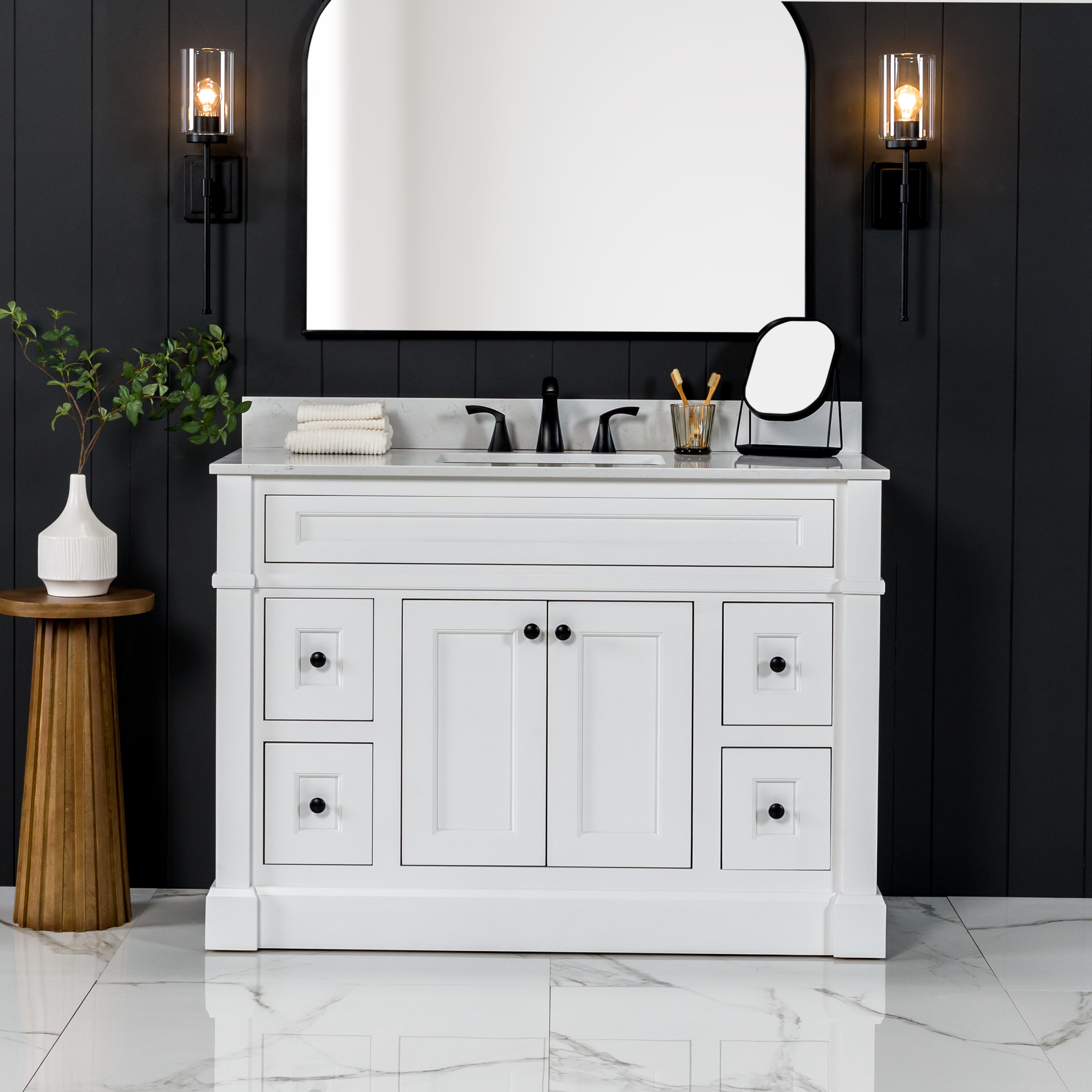 Diamond C48W30355 Rhaelen 48-in Satin White Undermount Single sink Bathroom Vanity with Mineral White Quartz Top
