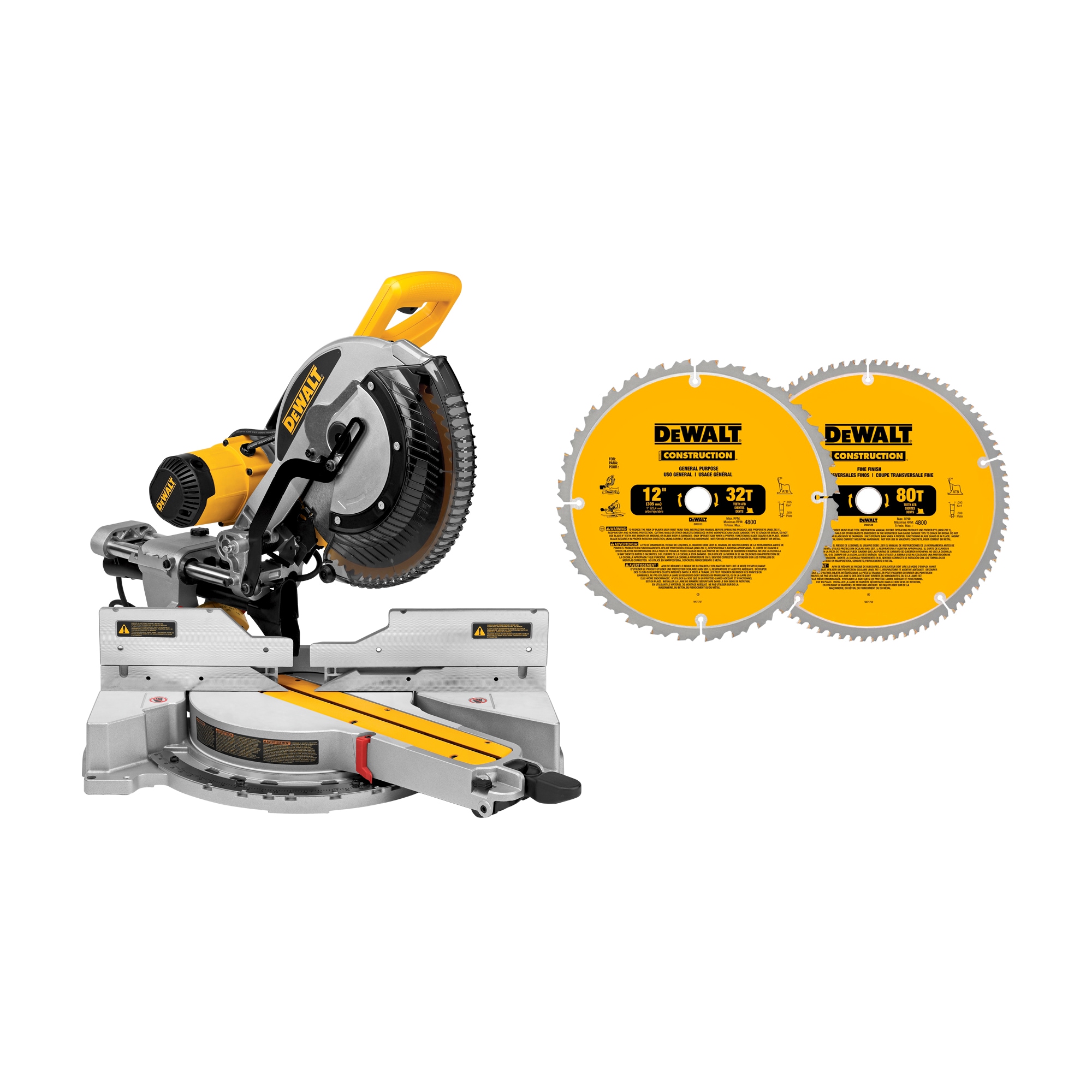 DEWALT 12-in 15 Amps Dual Bevel Sliding Compound Corded Miter Saw & Construction 2-Pack 12-in 32 and 80-Tooth Carbide Miter/Table Saw Blade Set