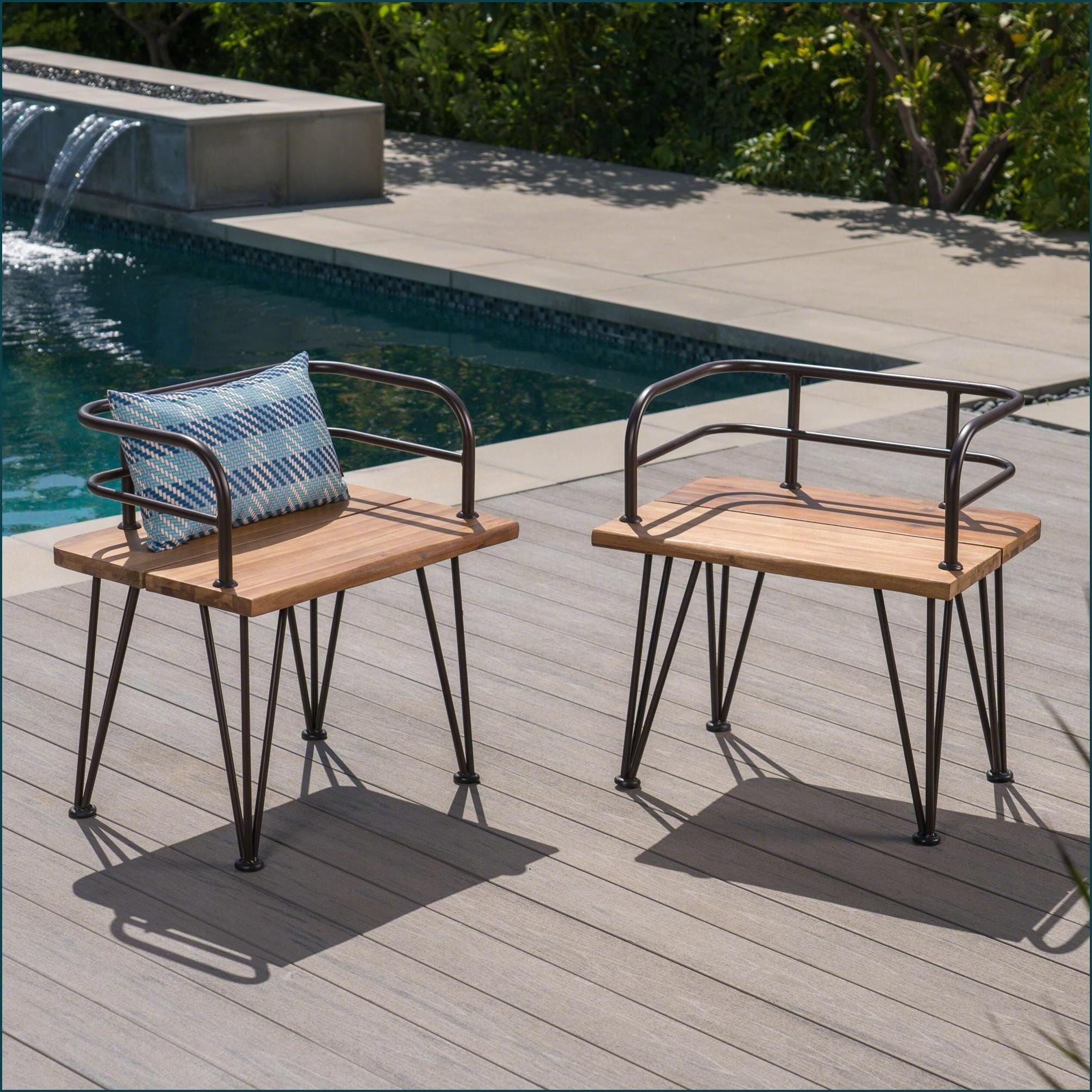 Watnature Patio Chairs Industrial Rustic Set of 2   Solid Acacia Wood Iron Frame  Teak  Metal  n  ampWood