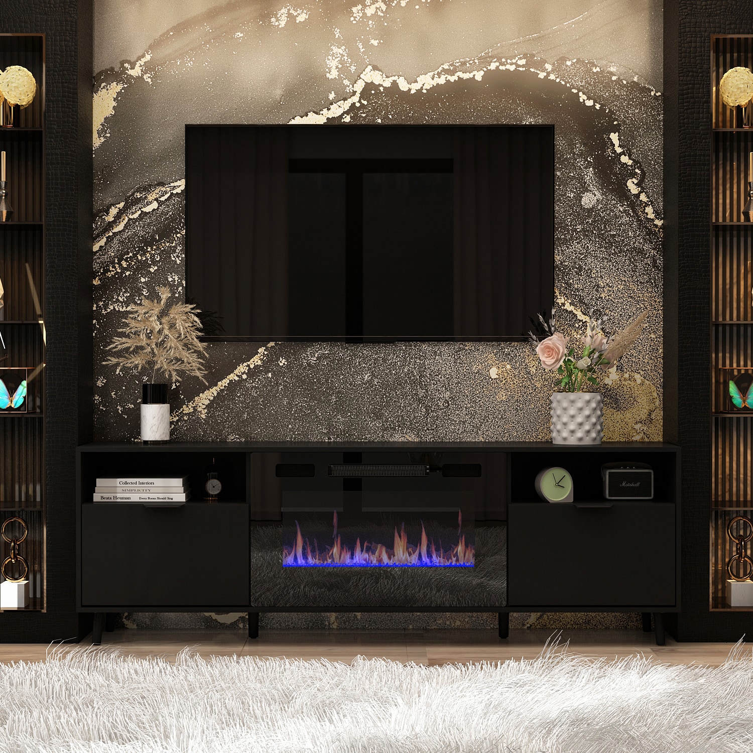 FUFU&GAGA KF020305-01+309 70.8-Inches W Black TV Stand with Infrared quartz Wall-mount Electric Fireplace with Remote Control Included