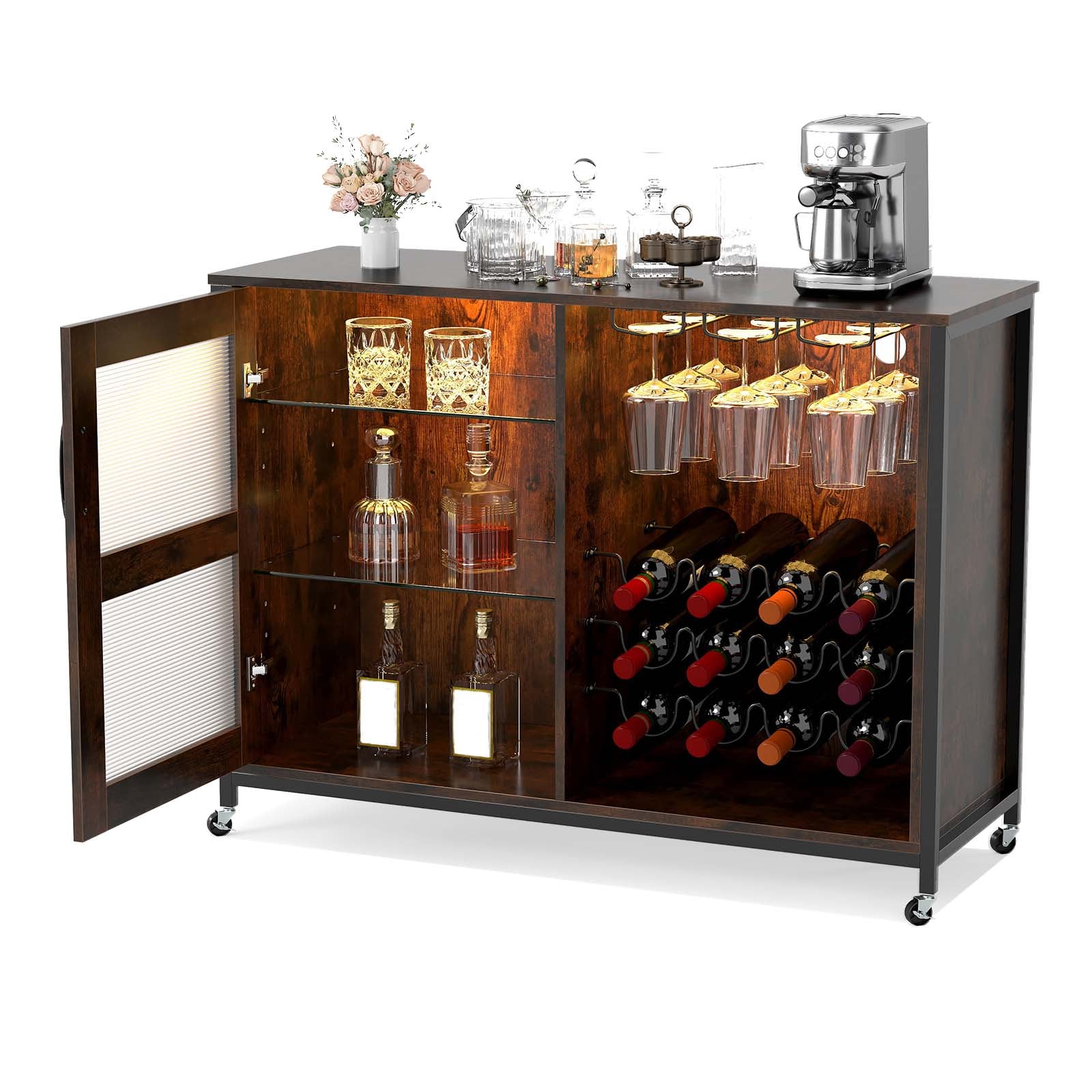Slickblue - 12-Bottle Rustic Brown Engineered Wood/Metal Wine Bar Cart With RGB LED Lights Adjust...