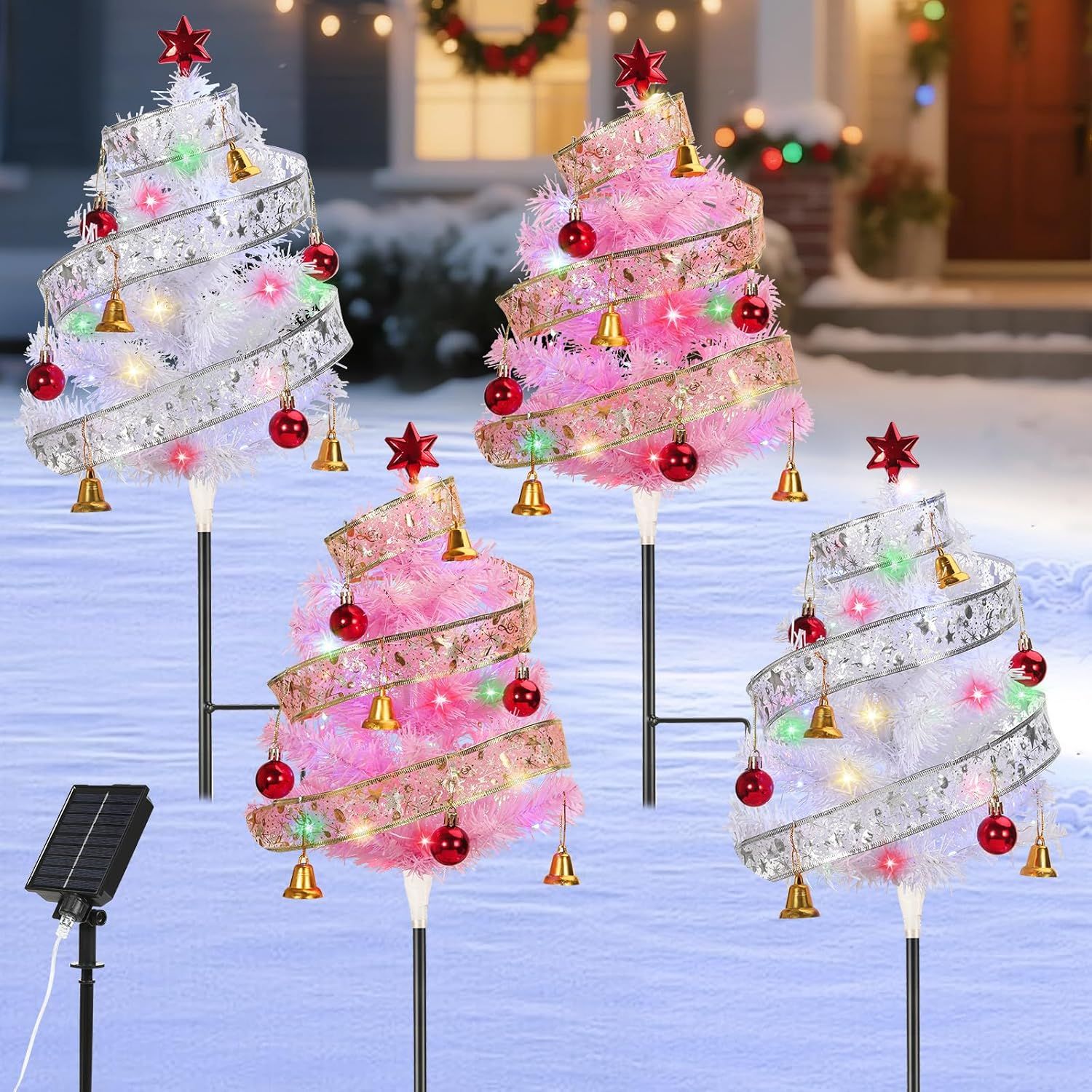 OBERSTER Set of 4 Prelit Pathway Christmas Trees 33.86in Outdoor Xmas Tree with Twining Ribbons Red Balls and Bells Solar and Type C Powered Xmas Decor for Yard Home Porch