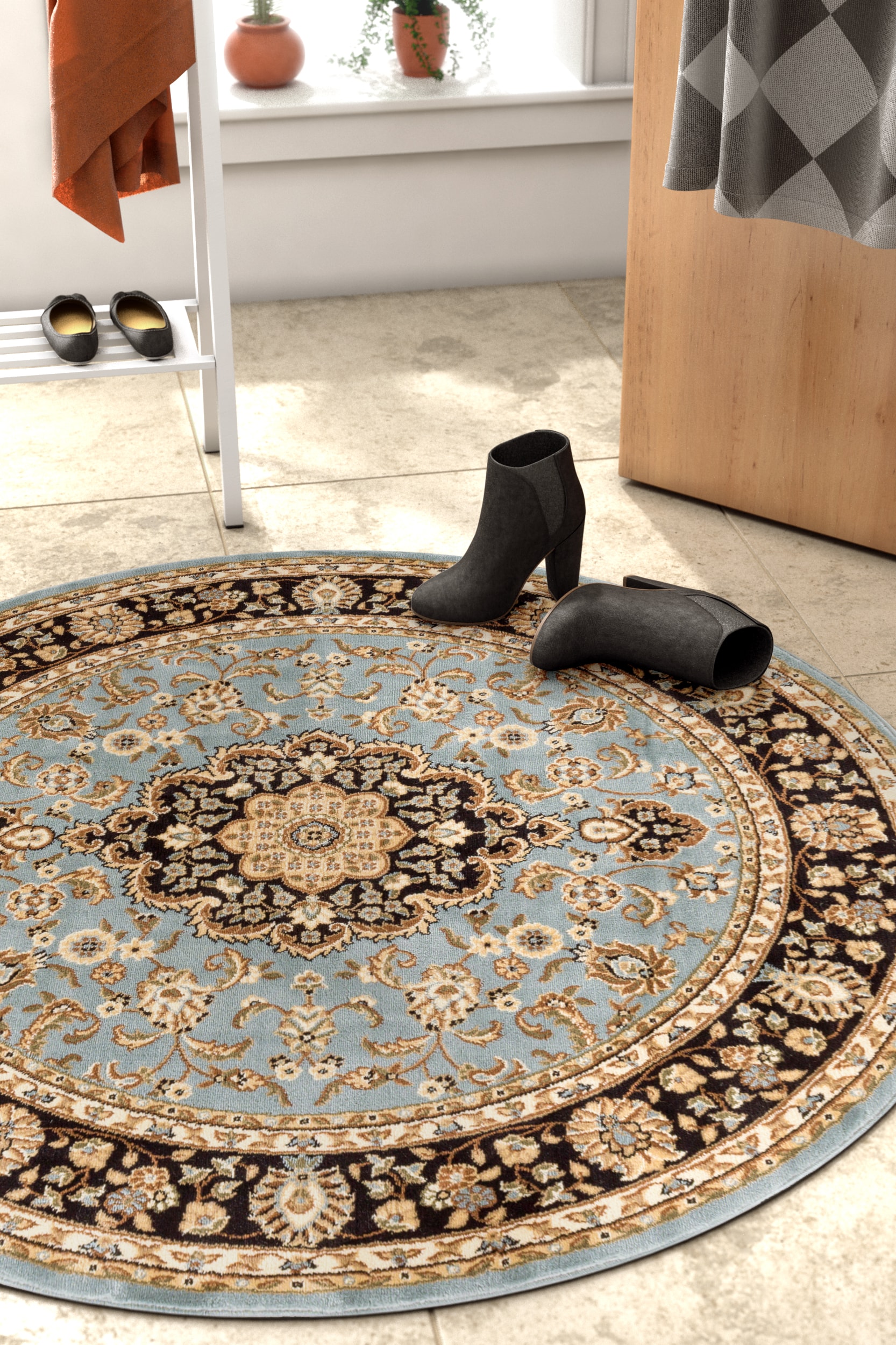 Well Woven 541064R 4 x 4 (ft) Loomed Polypropylene Light Blue Round Indoor Medallion Persian Area rug