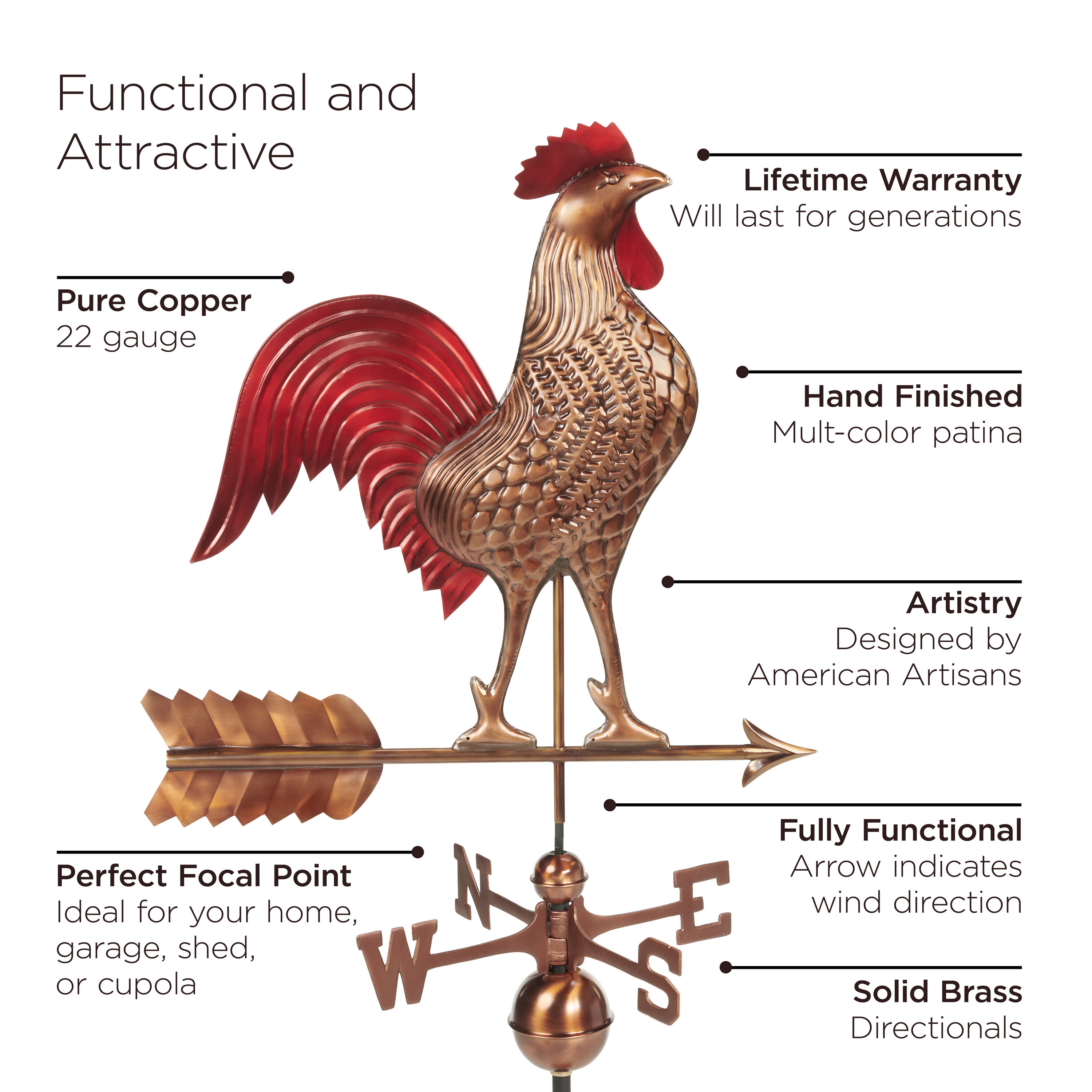 Large Copper Rooster Weathervane with Multi-Color Patina