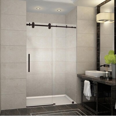 Aston Langham 44 In To 48 W X 75 H Frameless Sliding Bronze Alcove Shower Door Clear Glass The Doors Department At Com Alcove Shower Door Clear Glass, Frameless Barn Sliding Shower Door