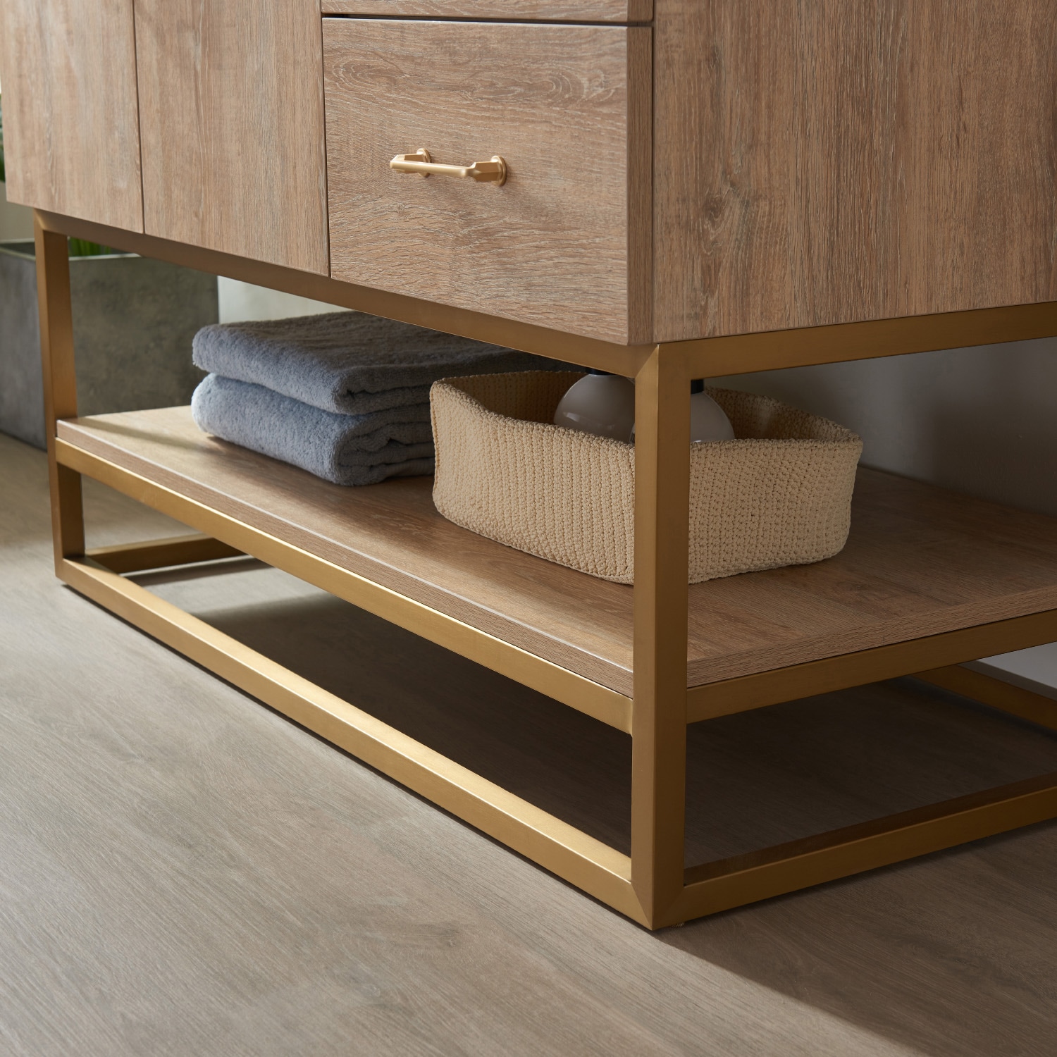 42" Oak Vanity with White Stone Top and Brushed Gold Trim