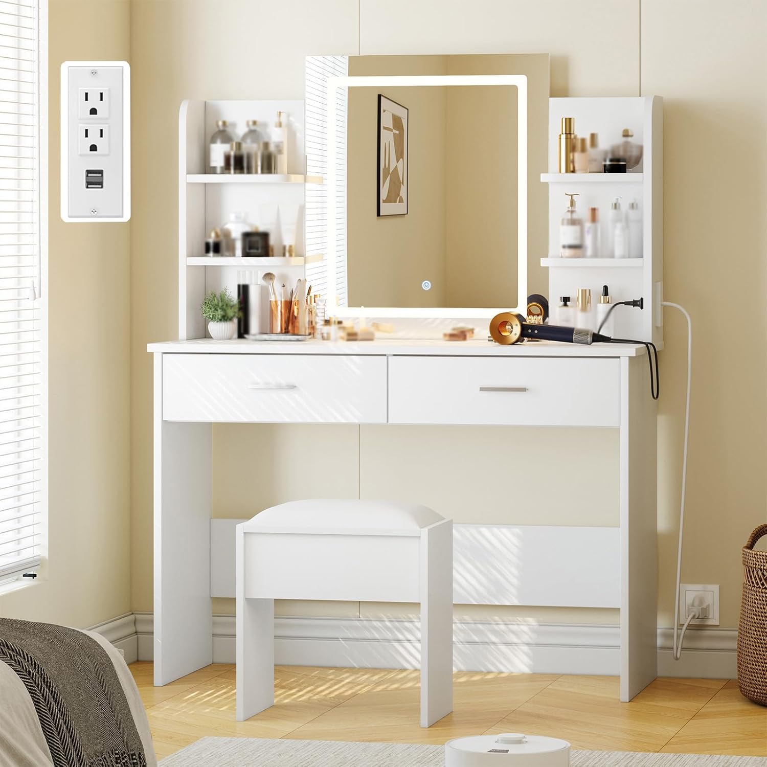 Qeetex LHF-SZT-PHO-14CNEW1V Vanity Desk with Lighted Mirror - Makeup Vanity Set with Power Outlet/Cushioned Stool - Vanity Table with 6 Storage Shelves - 2 Large Drawers and 3 Color Light Adjustable Brightness - White