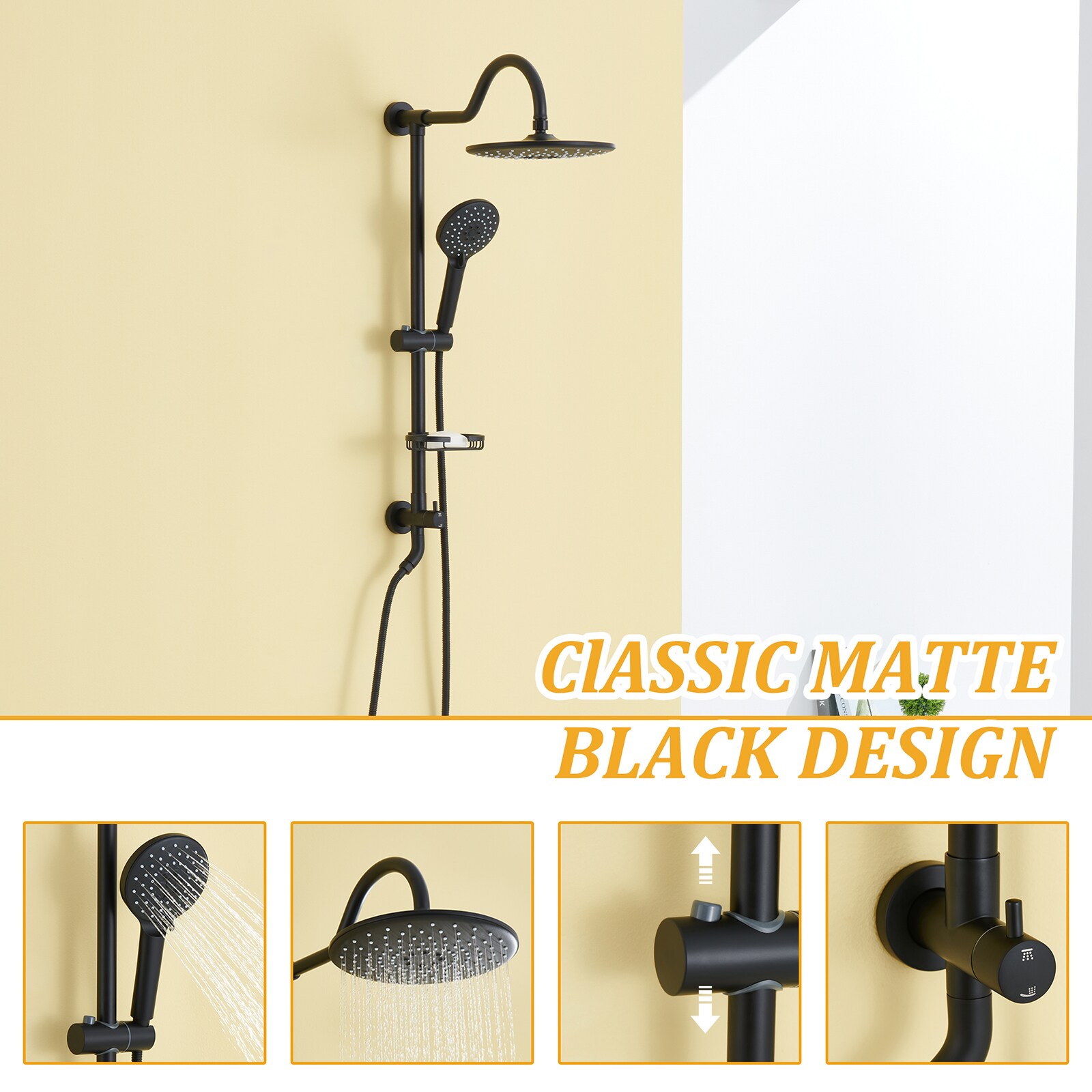 Mondawe Matt Black 10-in Shower Faucet Bar System With 2-way Diverter ...