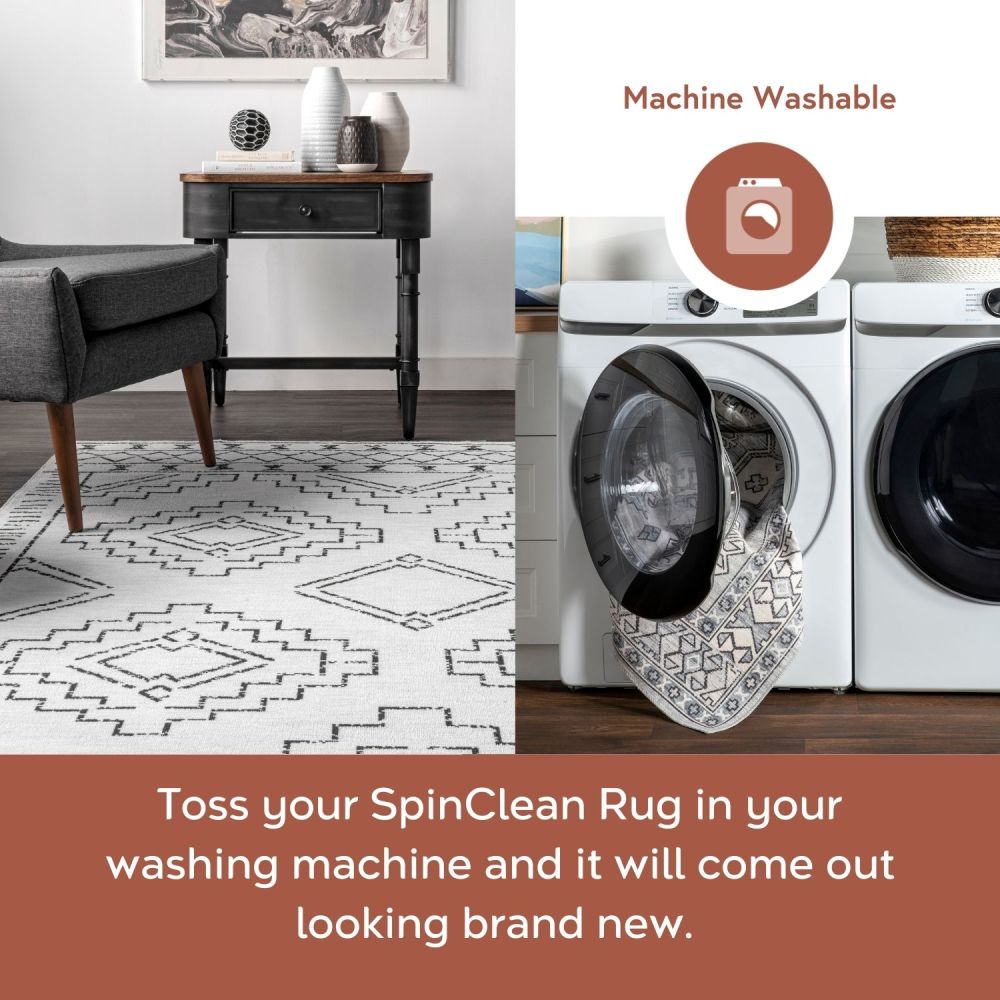 Ivory and Black Machine Washable Moroccan Area Rug
