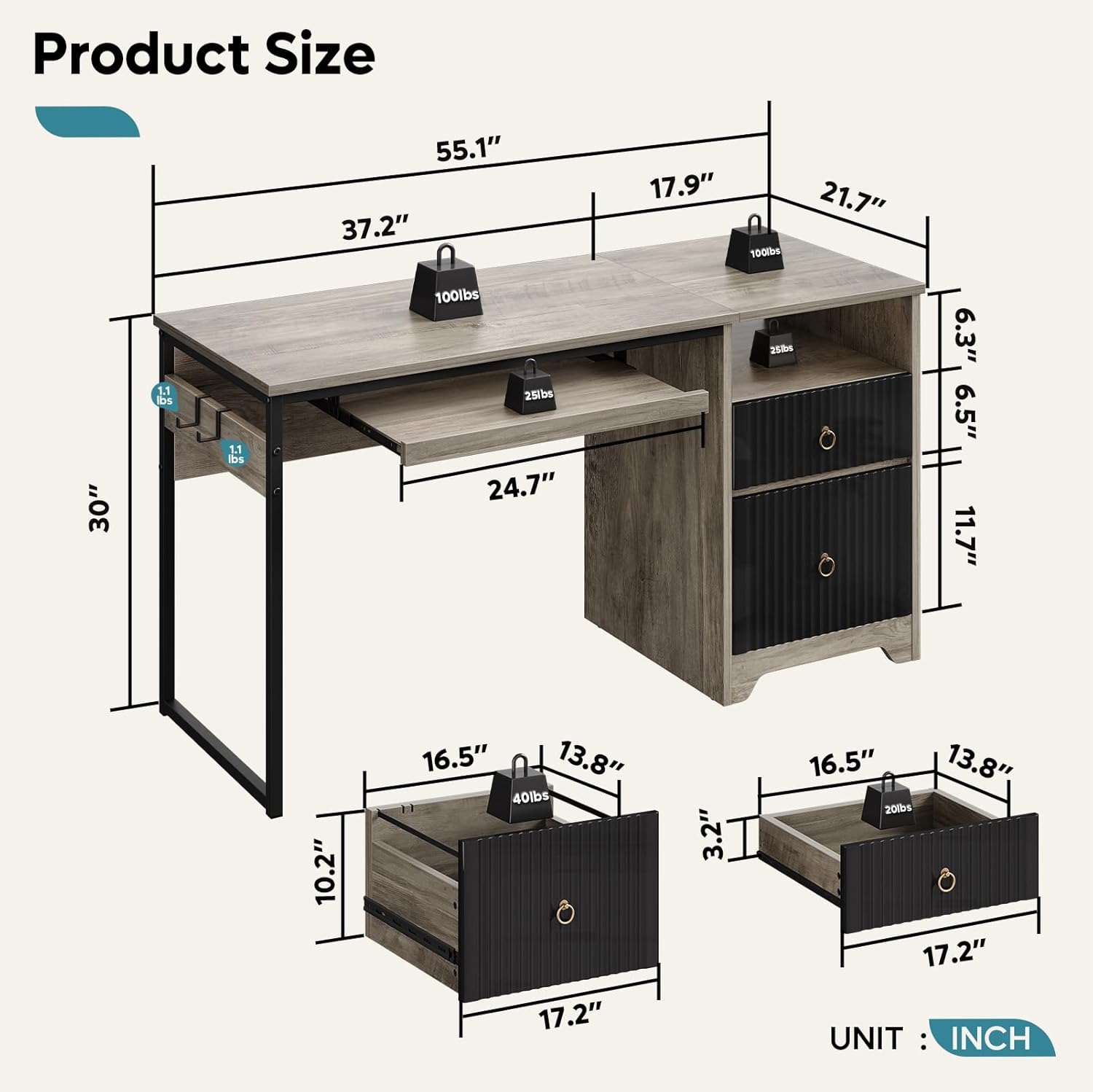 Bestier LOW-H104614P-GRYW desks - View #2
